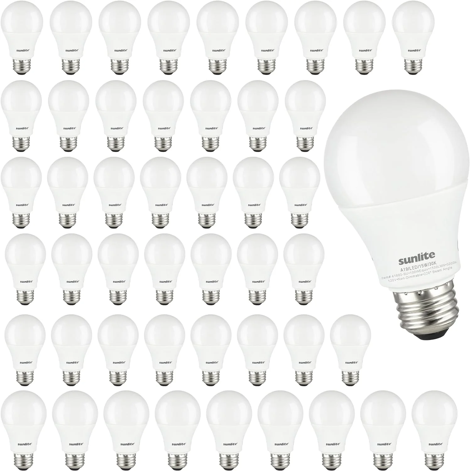 Sunlite LED Household A19 Light Bulb, 15 Watts (100W Equivalent), 1500 Lumens, 120 Volts, Non-Dimmable, Medium E26 Base, RoHS, ETL Listed, 3000K Warm White, 48 Pack - Cheap-Us