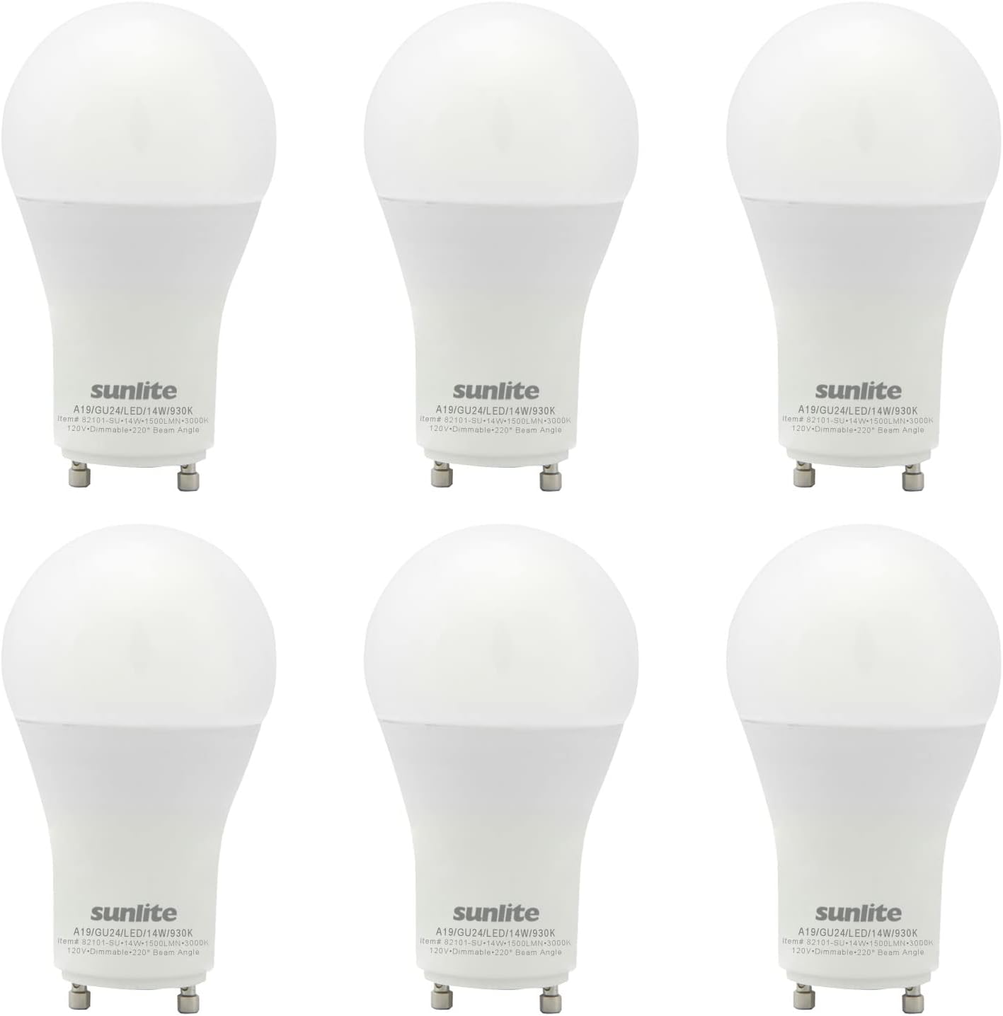 Sunlite 82101 LED A19 Light Bulb, 14 Watts (100 Watts Equivalent), 1500 Lumens, 120 Volts, Dimmable, GU24 Base, 90 CRI, Title-24 Compliant, UL Listed, 3000K Warm White, 6 Pack - Cheap-Us