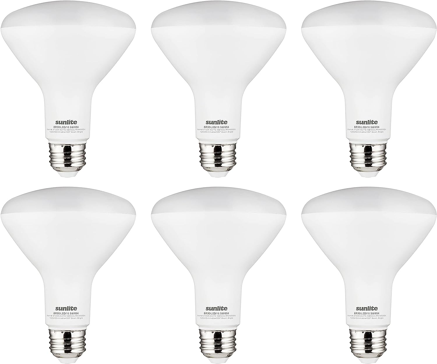 Sunlite 81398 LED BR30 Recessed Light Bulb, 10.5 Watt (65w Equivalent), 800 Lumens, Medium E26 Base, Dimmable Flood, UL Listed, 6500K Daylight, 6 Count - Cheap-Us