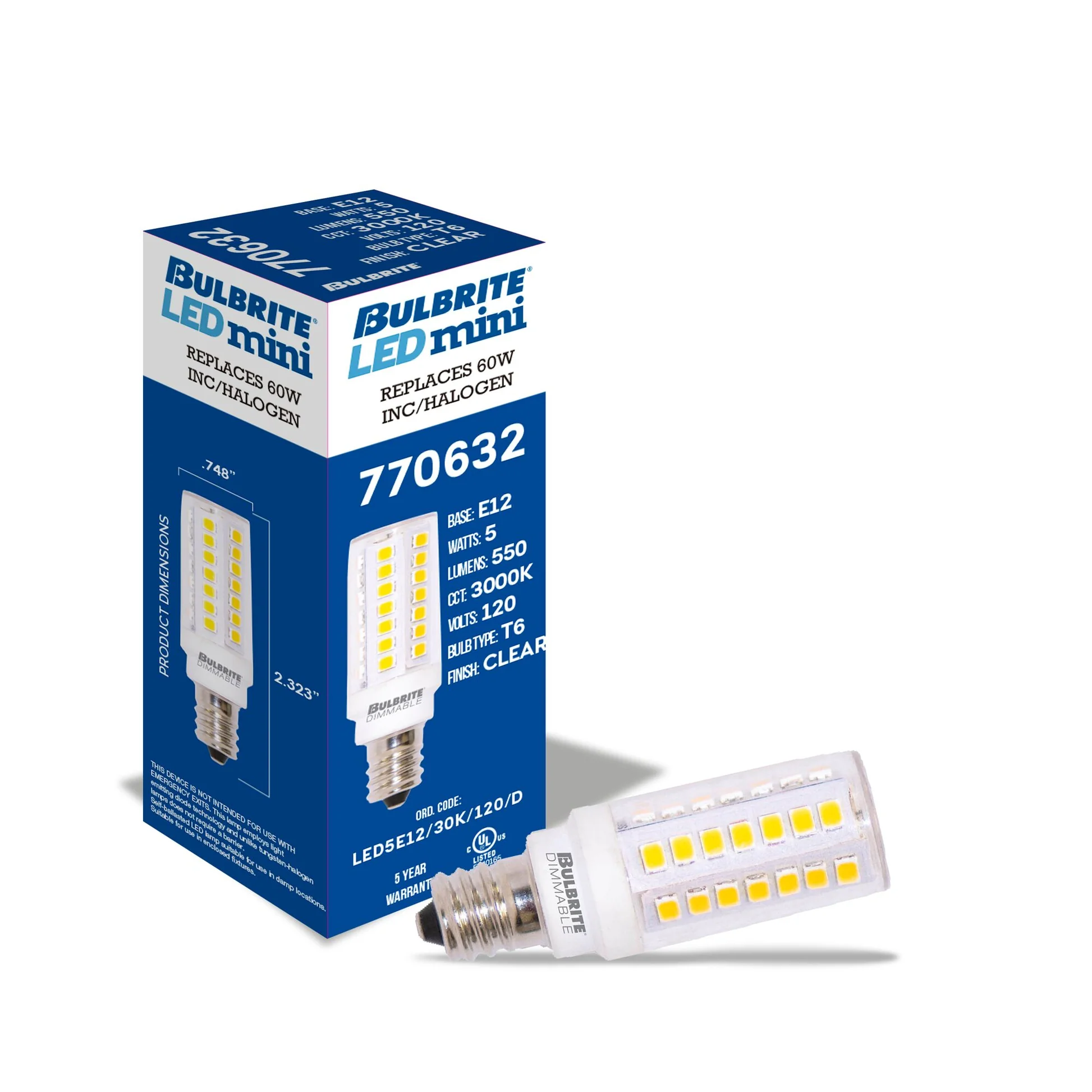 BULBRITE LED T6 CANDELABRA SCREW (E12) 5W DIMMABLE CLEAR 3000K/SOFT WHITE LIGHT 60W INCANDESCENT EQUIVALENT 2PK (770632) - Cheap-Us
