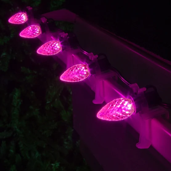 25 Light LED C7 Light Set Pink Bulbs on Green Wire, Approx. 16'6