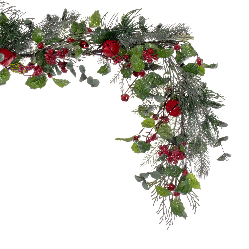 Vickerman 5' Green Artificial Holly Pine and Red Jingle Bell Garland. - Cheap-Us