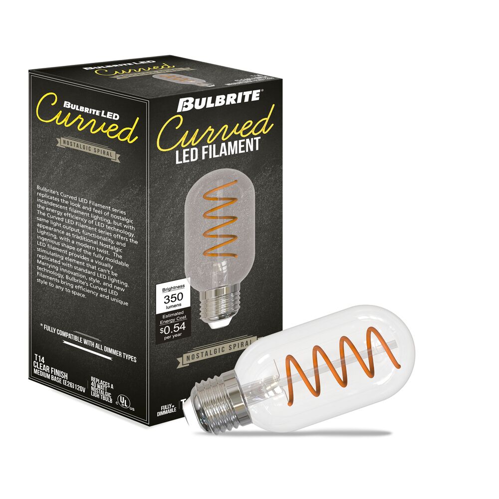 Bulbrite LED T14 Curved Filament Spiral, Dimmable E26 Medium Base, Clear Finish, 2100K-Amber Light 4 Watt, 4-Pack - Cheap-Us