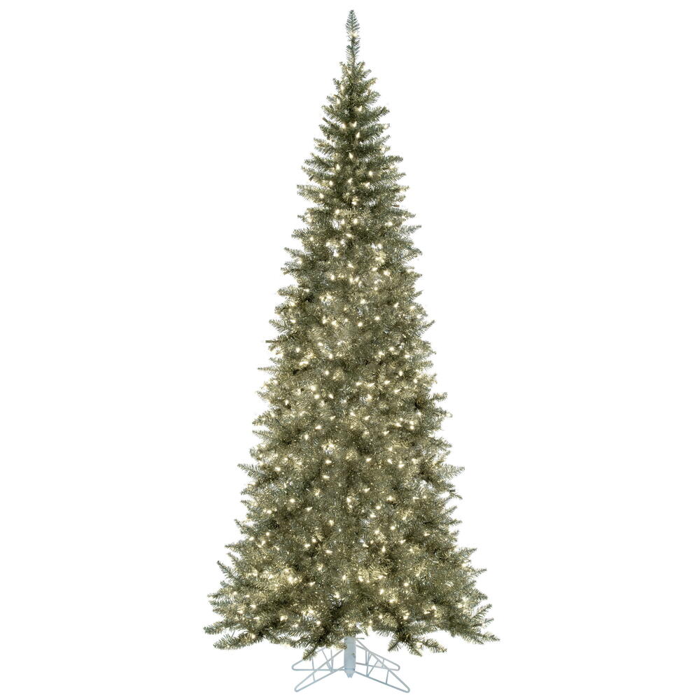 Vickerman 7.5' Champagne Tinsel Fir Slim Artificial Christmas Tree Warm White Dura-lit LED Lights - Cheap-Us