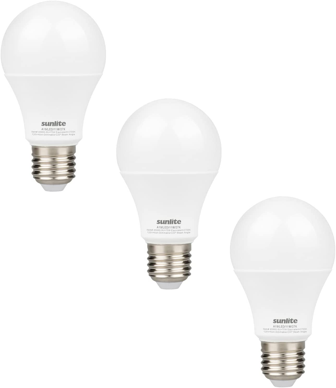 Sunlite 80860-SU LED A19 Light Bulb, Non-Dimmable 11 Watt (75W Equivalent), 1100 Lumens, Medium (E26) Base, UL Listed, 2700K Warm White, 3 Count - Cheap-Us