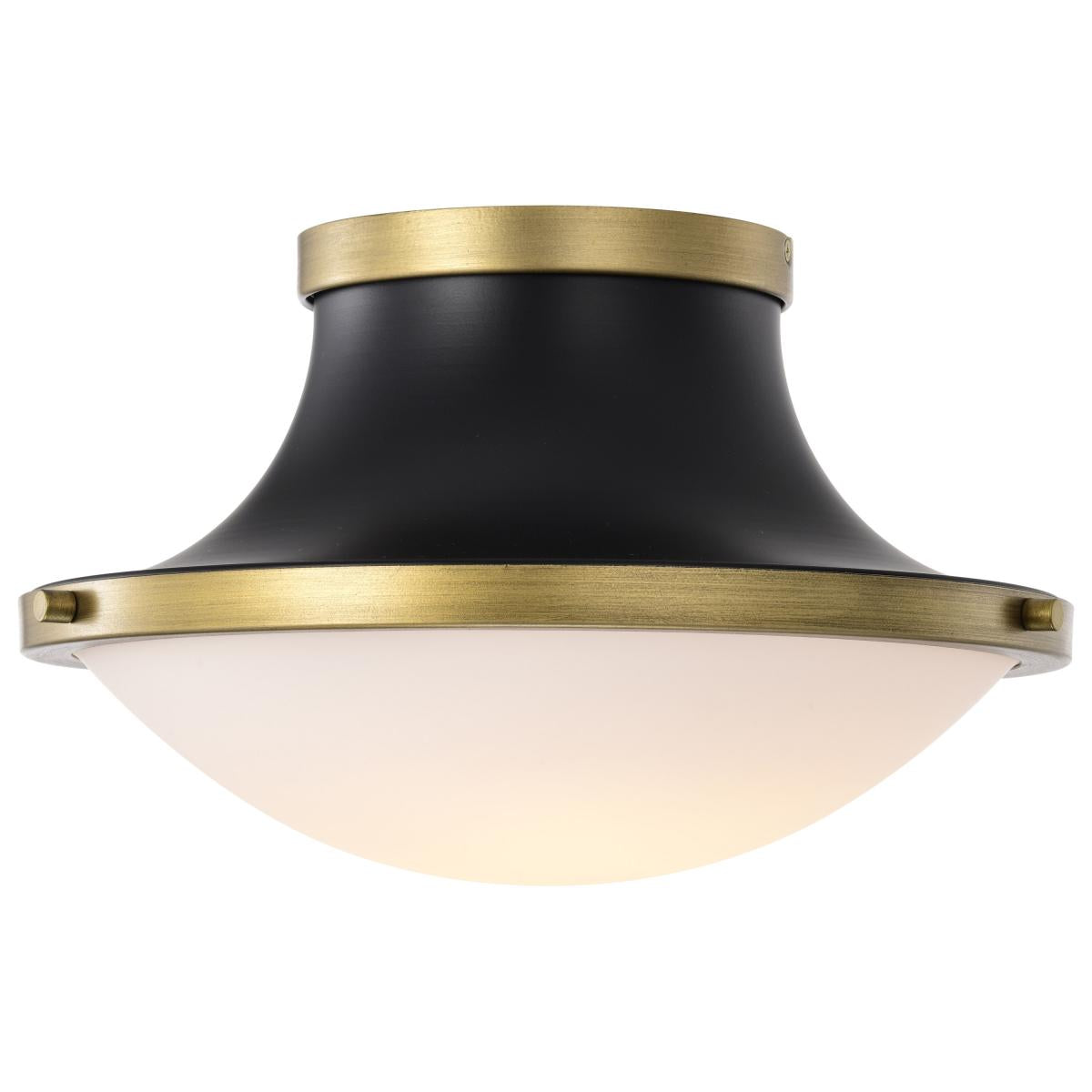 Satco Nuvo Lafayette 1 Flush Mount Fixture, 14/18-Inch, 60W, 120V, Matte Black/Gray With Natural Brass Accents - White Opal Glass Lense - Cheap-Us