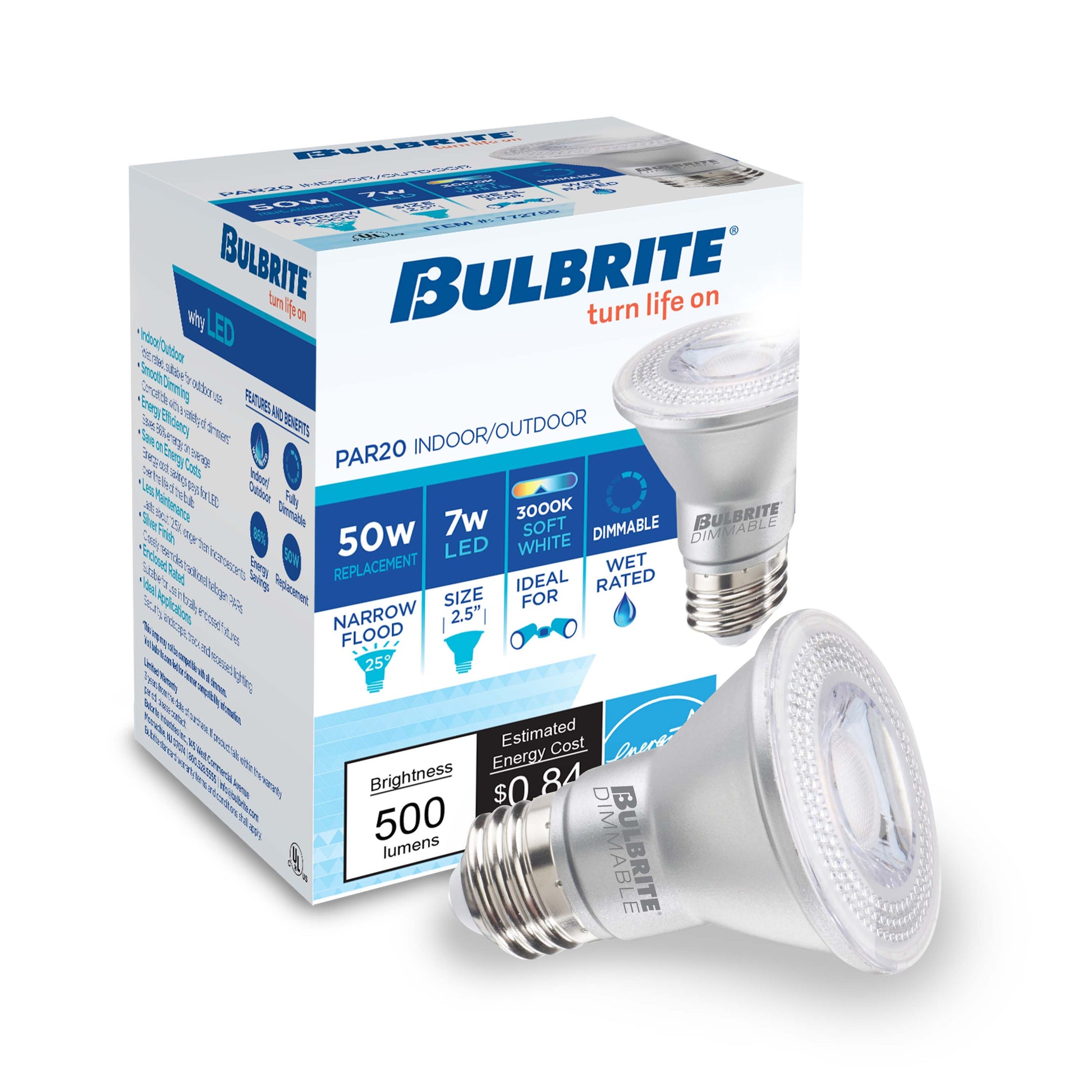 Bulbrite Pack of (6) 7 Watt Dimmable Narrow Flood PAR20 Medium (E26) LED Bulb - 500 Lumens, 3000K, and 80 CRI - Cheap-Us