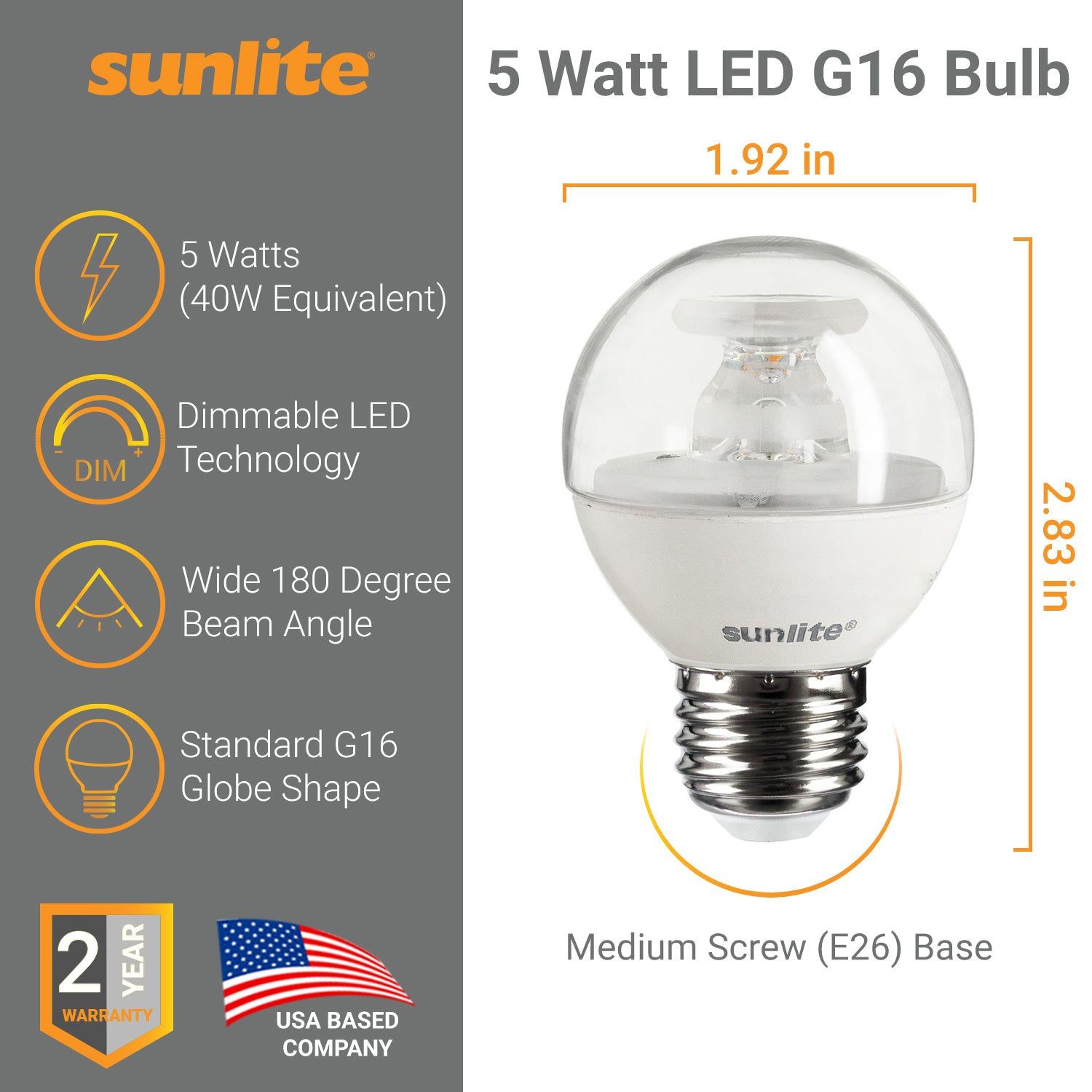 Sunlite LED G16 Globe 5W (40W Equivalent) Light Bulb Medium (E26) Base, Warm White - Cheap-Us