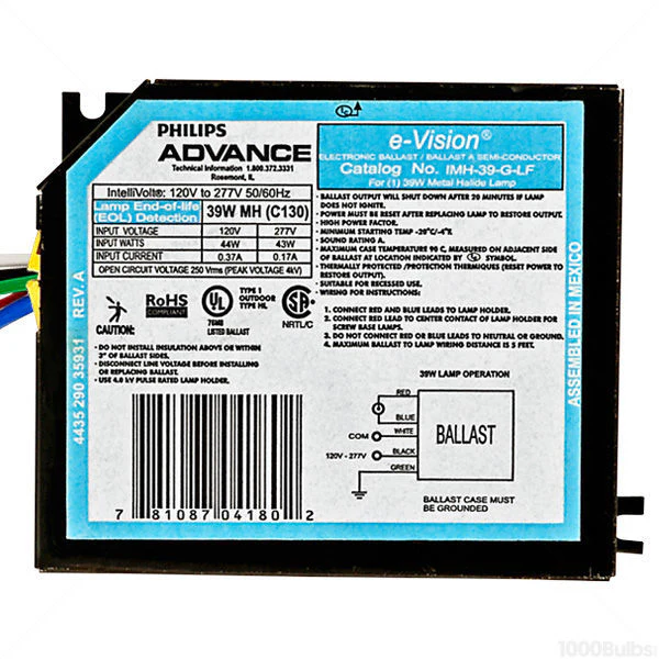 Advance IMH-39-G-LF - 39 Watt - Electronic Metal Halide Ballast ANSI M130 - 120/277 Volt - Power Factor 90% - Max. Temp. Rating 194 Deg. F - Side Leads With Mounting Feet - Cheap-Us