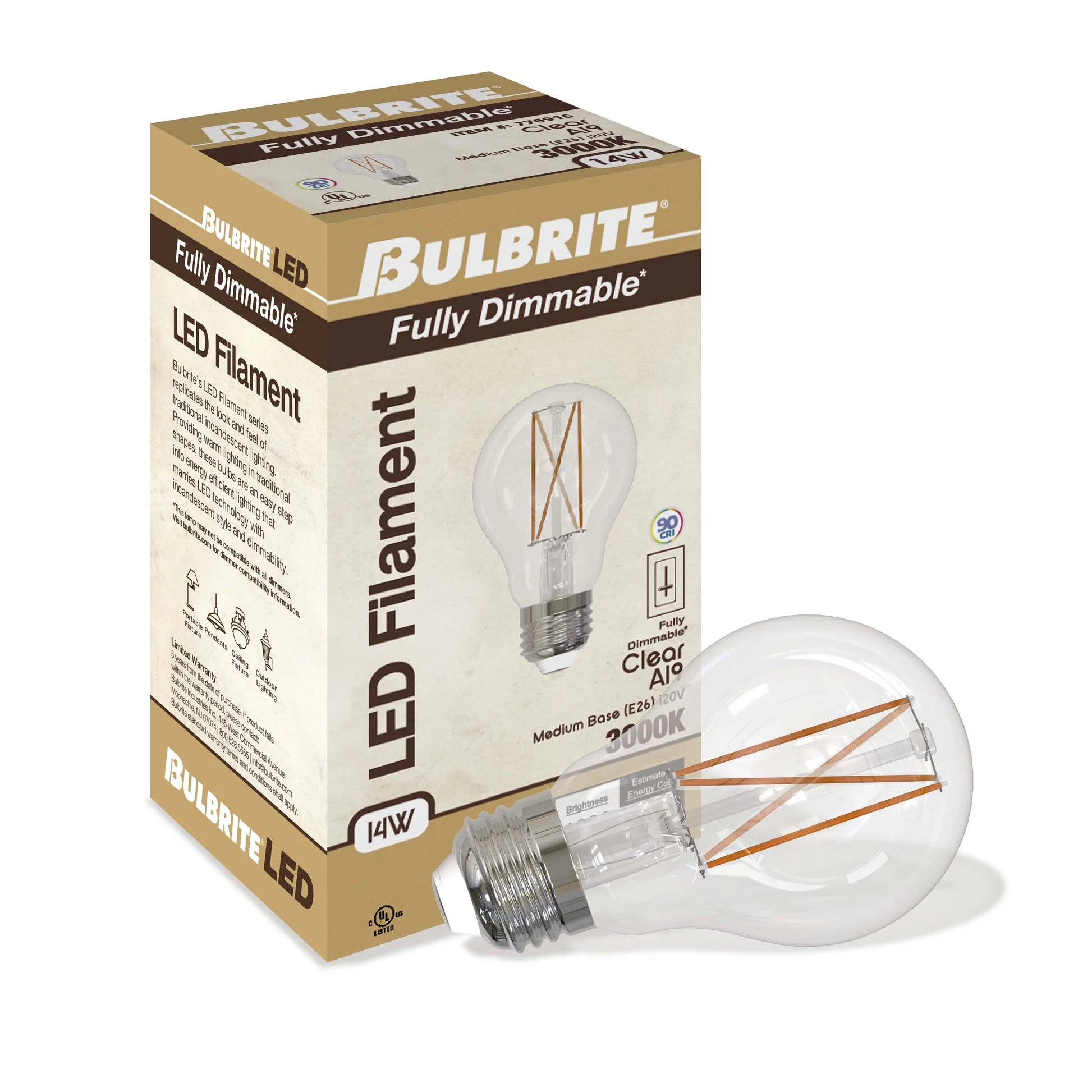 BULBRITE 14W LED A19 3000K FILAMENT CLEAR E26 FULLY COMPATIBLE DIMMING-4PK - Cheap-Us