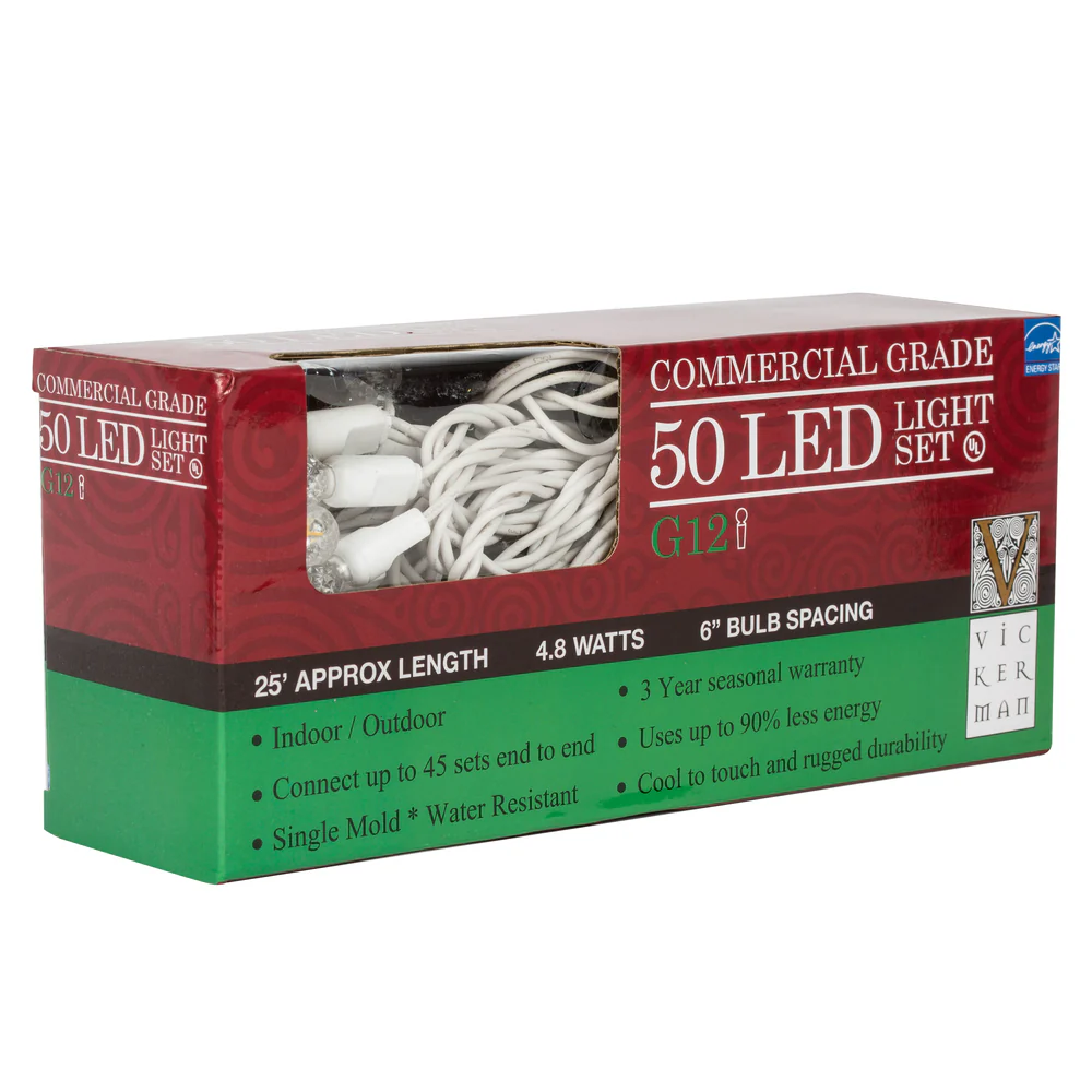 Vickerman 50 Red-Warm White G12 LED Light on White Wire 25' Christmas Single Mold Light Strand - Cheap-Us