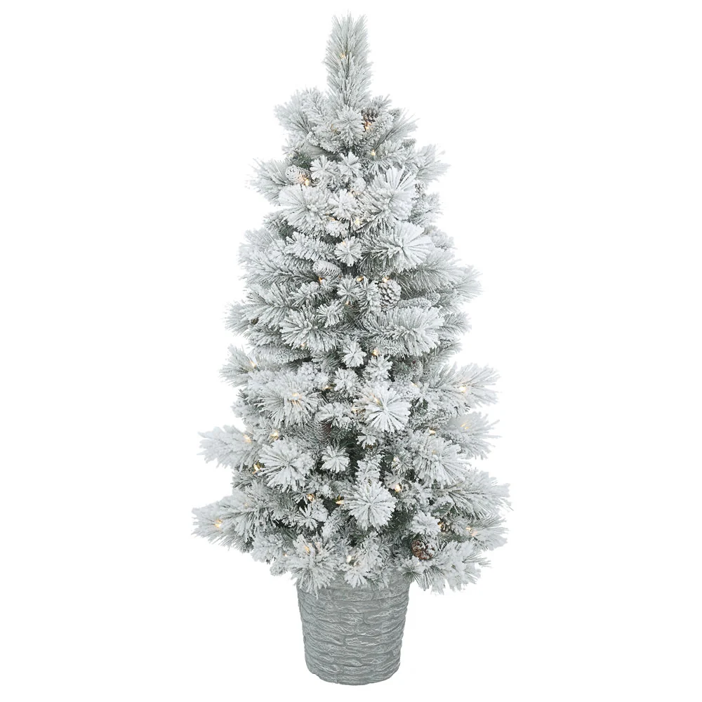Vickerman 5' Potted Flocked Ashton Pine Artificial Christmas Tree with 150 Clear Lights - Cheap-Us