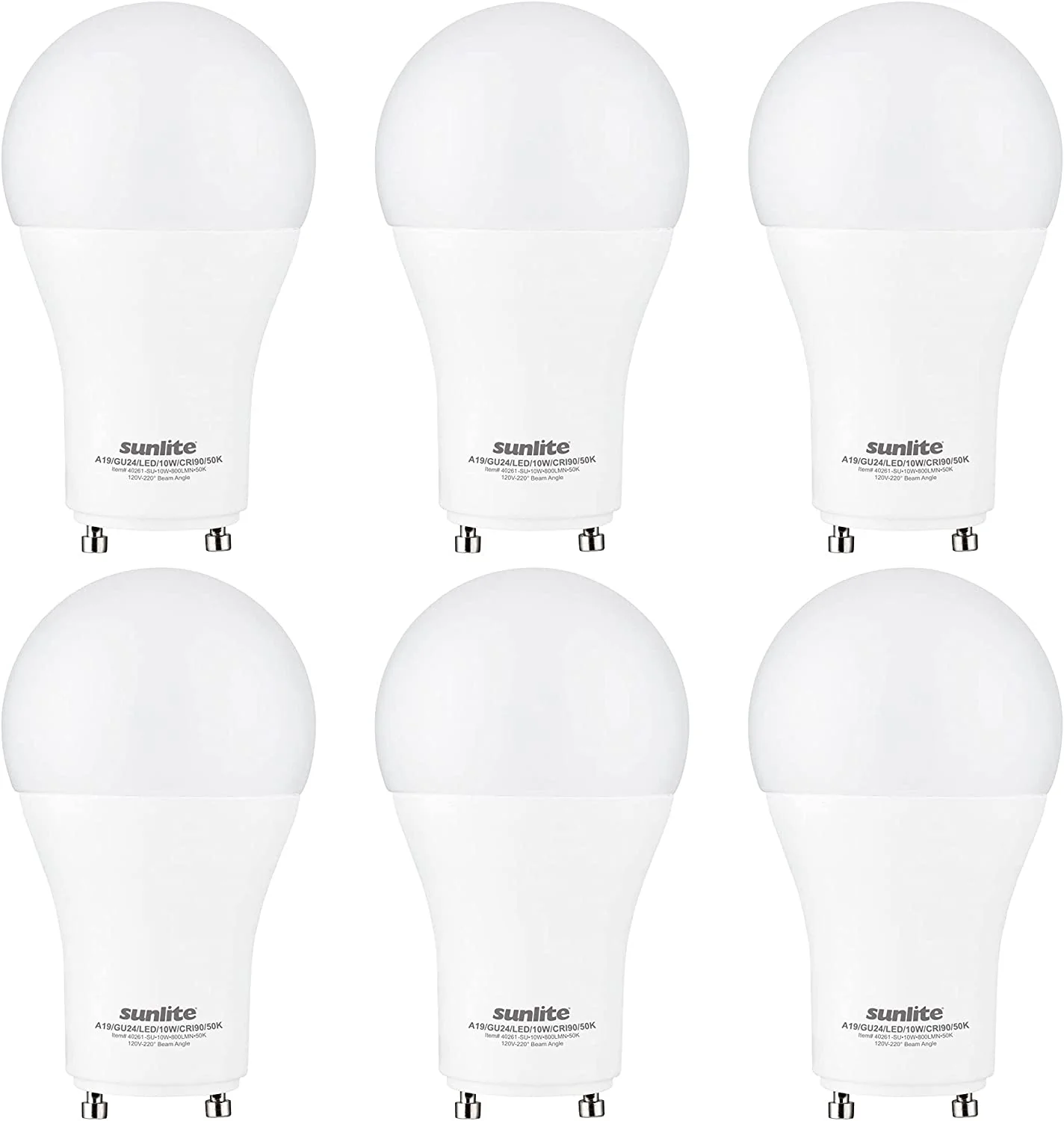 Sunlite 87975 LED A19 Light Bulb, 10 Watts (60W Equivalent), 800 Lumens, GU24 Twist and Lock Base, Dimmable, 90 CRI, UL Listed, Energy Star, Title 20 Compliant, 5000K Super White, Pack of 6 - Cheap-Us