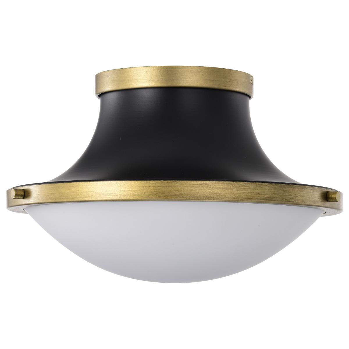 Satco Nuvo Lafayette 1 Flush Mount Fixture, 14/18-Inch, 60W, 120V, Matte Black/Gray With Natural Brass Accents - White Opal Glass Lense - Cheap-Us