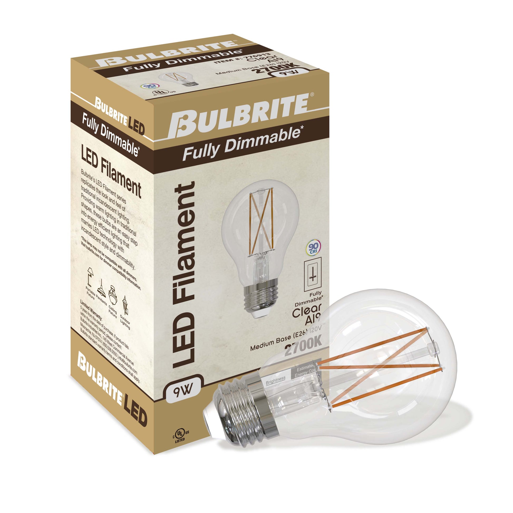 BULBRITE 9W LED A19 2700K FILAMENT CLEAR E26 FULLY COMPATIBLE DIMMING-4PK - Cheap-Us