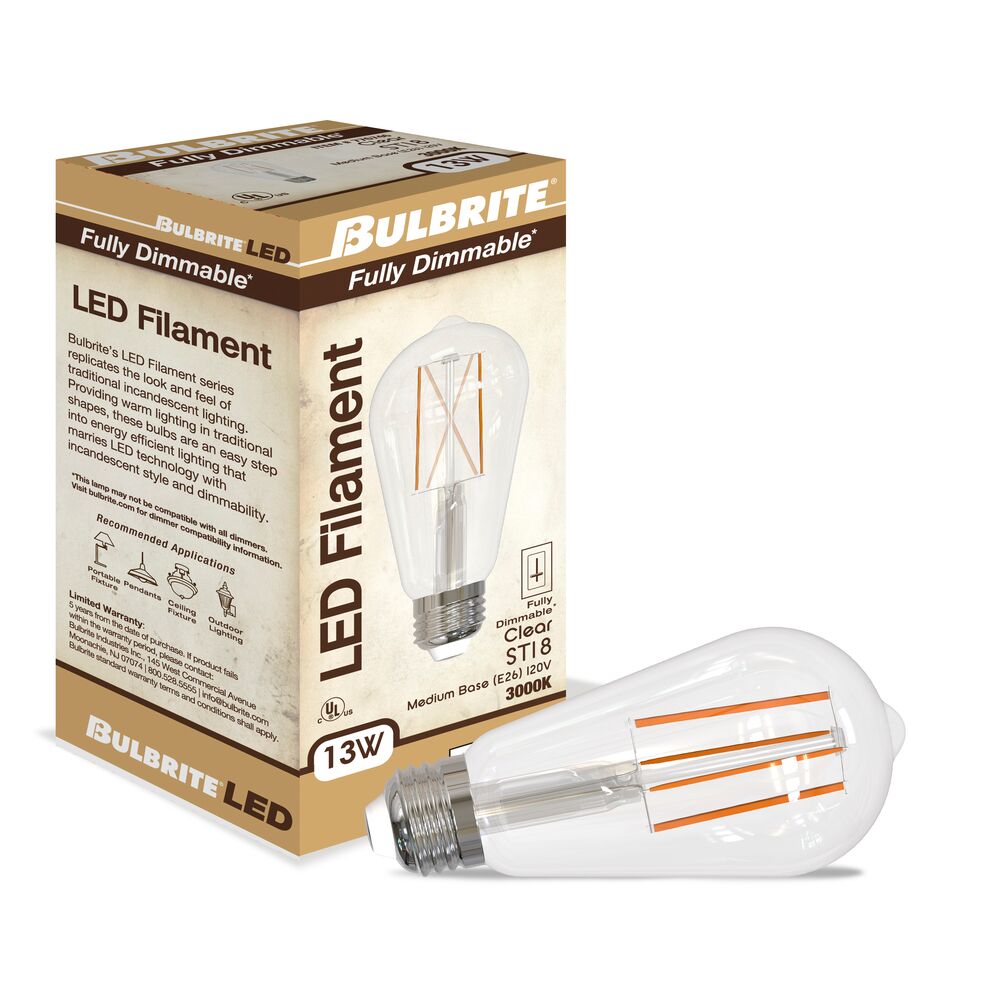 Bulbrite LED Filament Pack of (4) 13 Watt Dimmable ST18 Light Bulbs with a Clear Finish and Medium (E26) Base - 3000K (Soft White Light), 1400 Lumens - Cheap-Us
