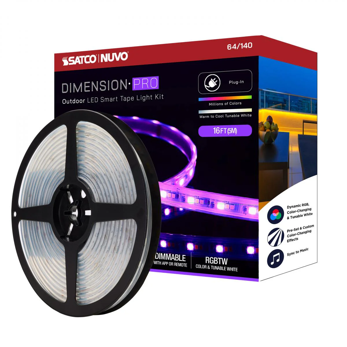 64-140 TAPE/RGBTW-HO/IP65/PLUG/SF/16' Dimension Pro; Tape light strip; 16 ft.; Hi-Output; RGB plus Tunable White; Plug connection; IP65; Starfish IOT Capable; RF Remote Included - Cheap-Us