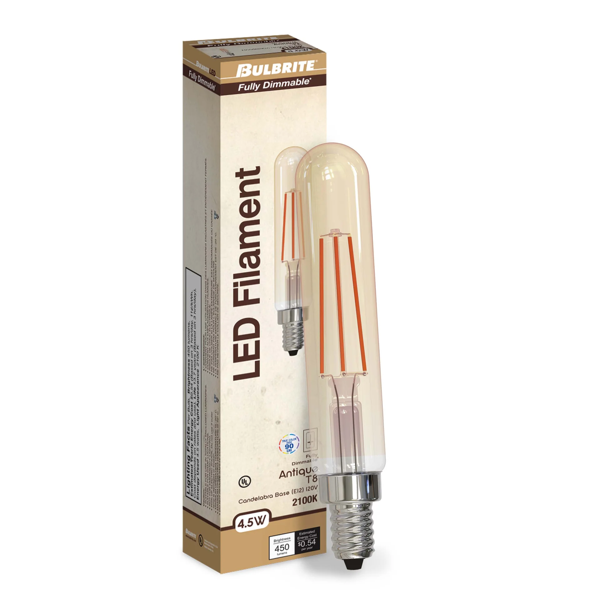 Bulbrite LED Filament Pack of (4) 5 Watt Dimmable T8 Light Bulb with Antique Glass Finish and Candelabra (E12) Base - 2100K (Amber Light), 450 Lumens - Cheap-Us