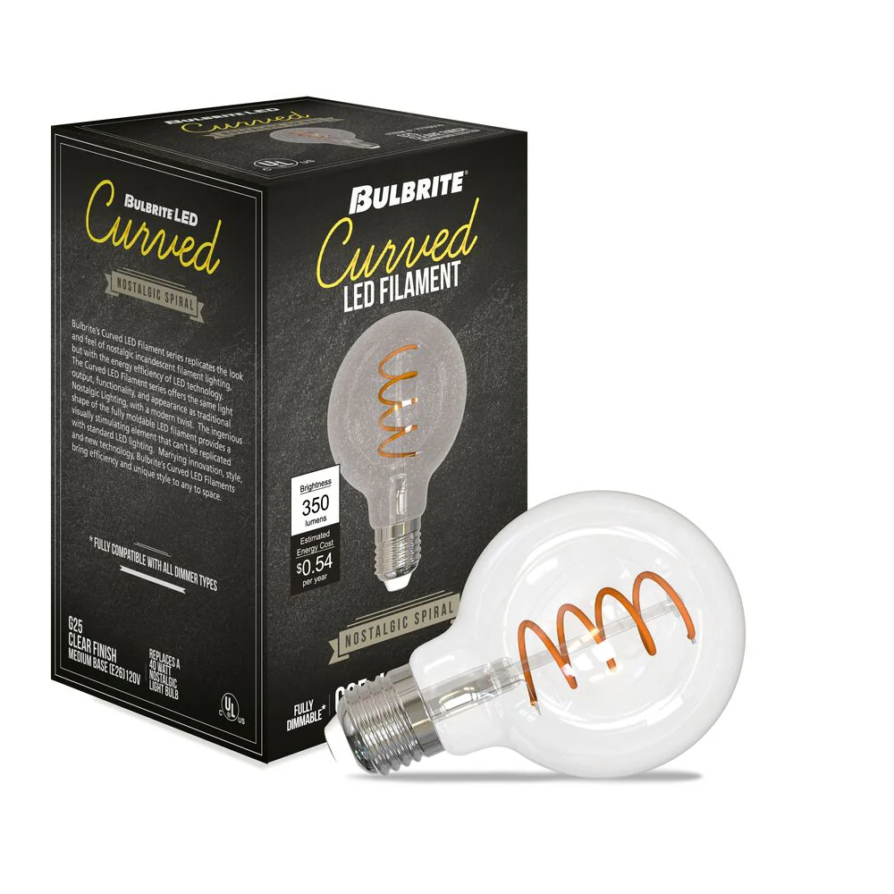 Bulbrite LED Curved Filament Pack of (4) 4.5 Watt Dimmable G25 Light Bulbs with a Clear Finish and Medium (E26) Base - 2100K (Warm Amber Light), 350 Lumens - Cheap-Us