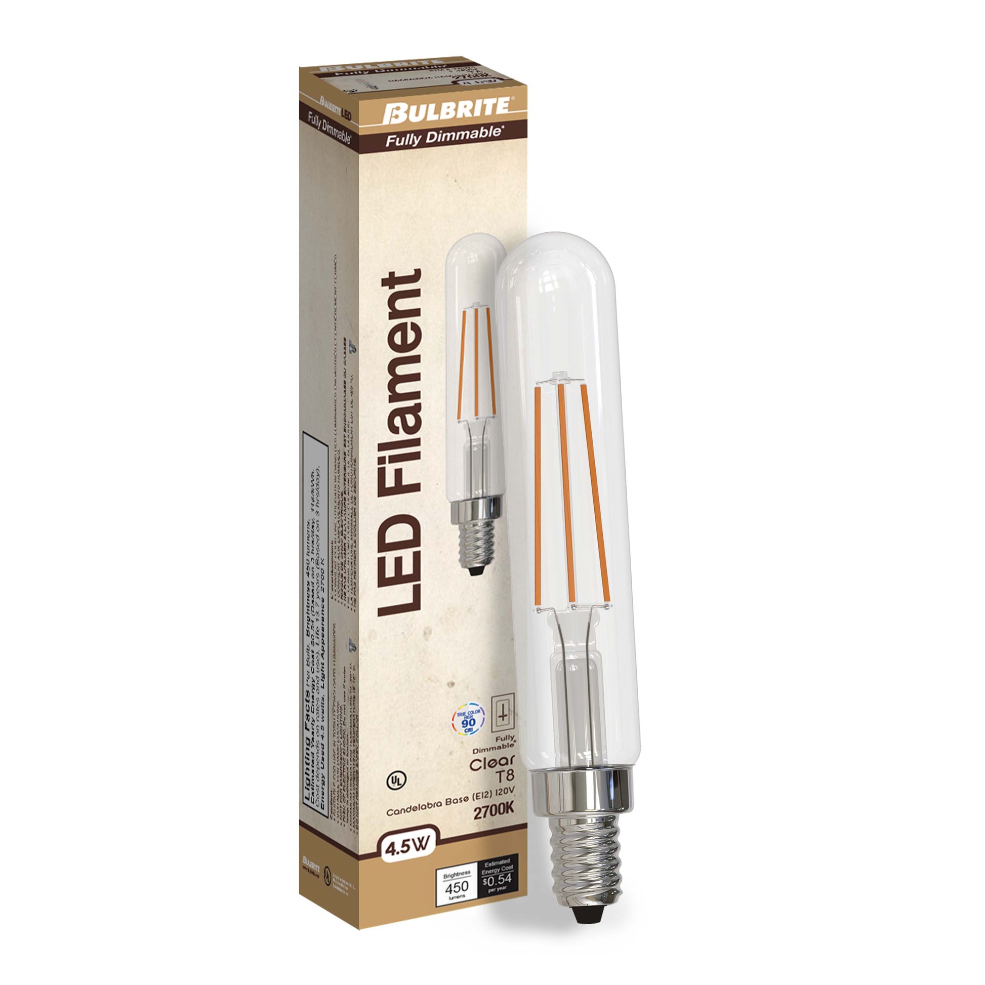Bulbrite LED Filament Pack of (4) 4.5 Watt Dimmable T8 Light Bulb with Clear Glass Finish and Candelabra (E12) Base - 2700K (Warm White Light), 450 Lumens - Cheap-Us