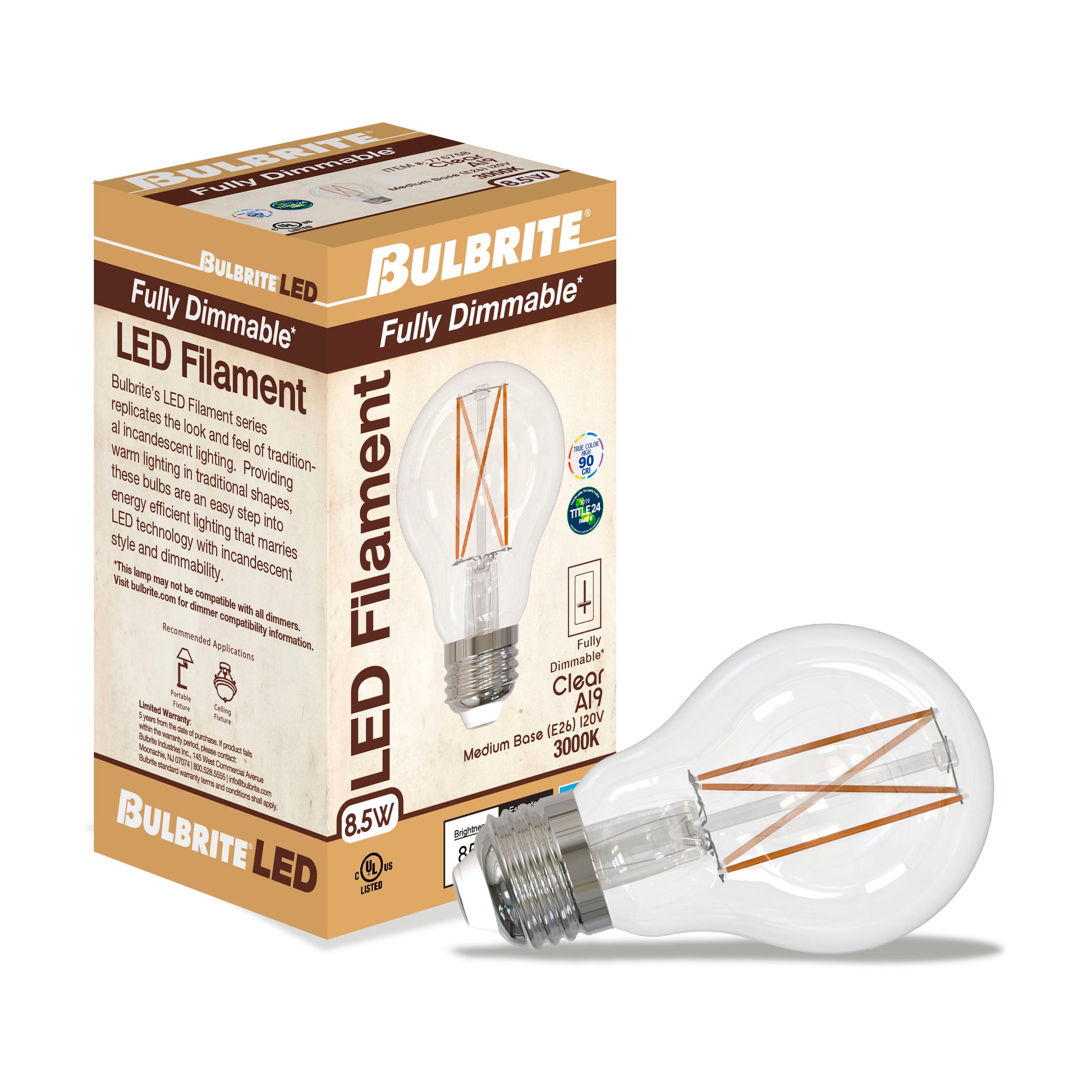 Bulbrite Pack of (2) 8.5 Watt Dimmable Clear Filament A19 Medium (E26) LED Light Bulb - 800 Lumens, 3000K, and 90 CRI - Cheap-Us