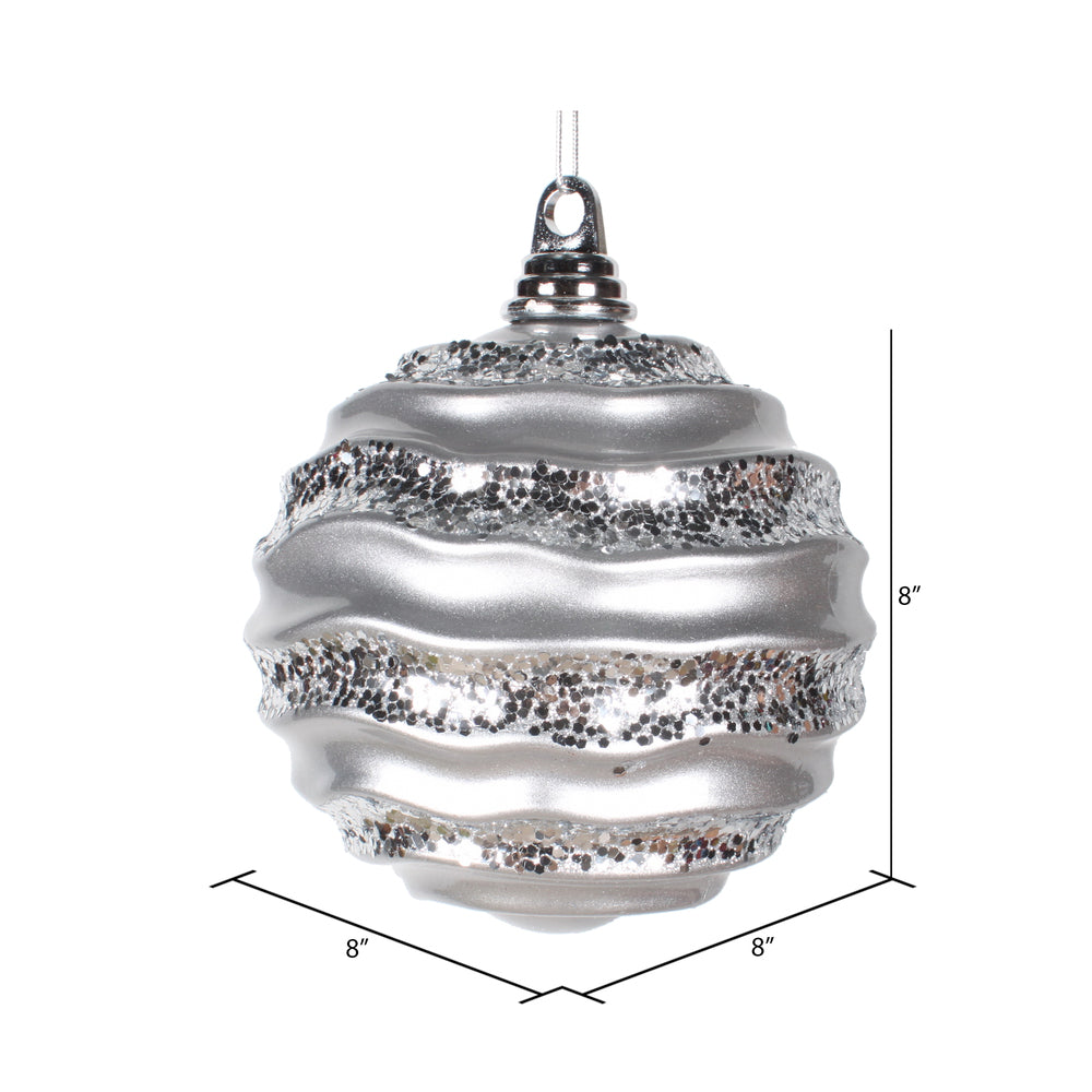 Vickerman 8' Silver Stripe Candy Finish Wave Ball Christmas Ornament with Glitter Accents - Cheap-Us