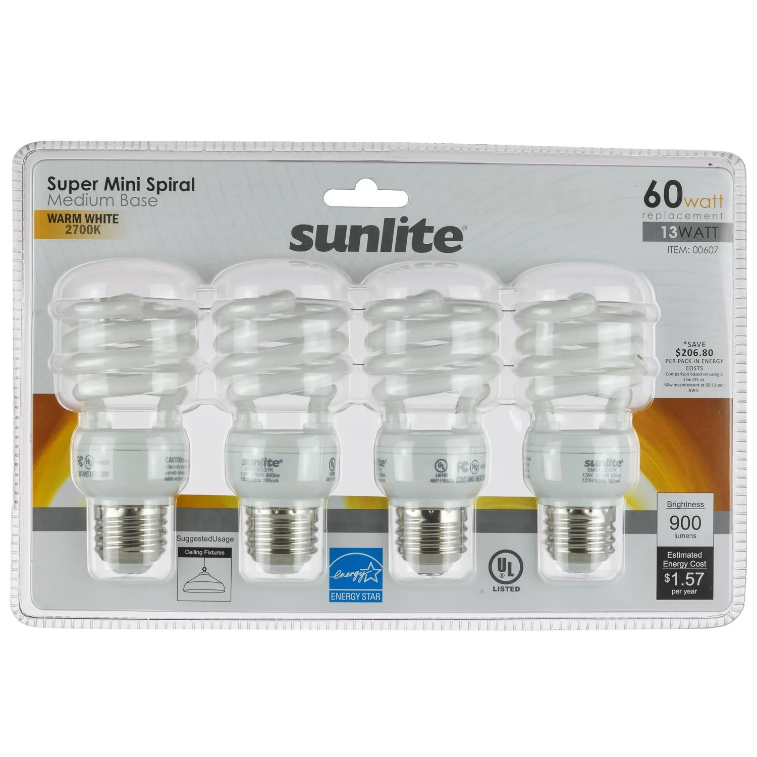 Sunlite 13 Watt Super Mini Spiral, Medium Base, Warm White, 4 Pack - Cheap-Us