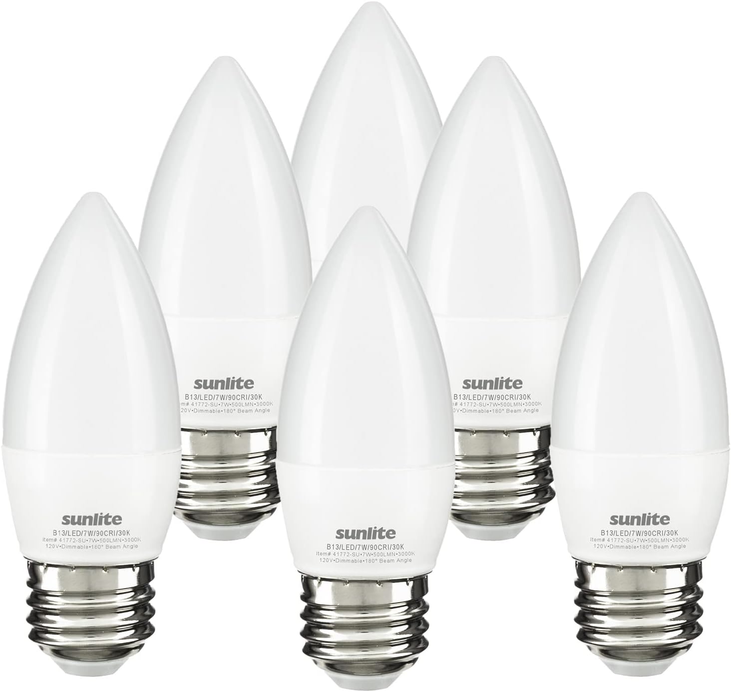 Sunlite 41772 LED B13 Decorative Chandelier Light Bulb, 7 Watts (60W=), 500 Lumens, 120 Volts, Dimmable, E26 Base, Energy Star, 90 CRI, ETL Listed, Torpedo Frosted, Title-20, 3000K Warm White, 6 Pack - Cheap-Us