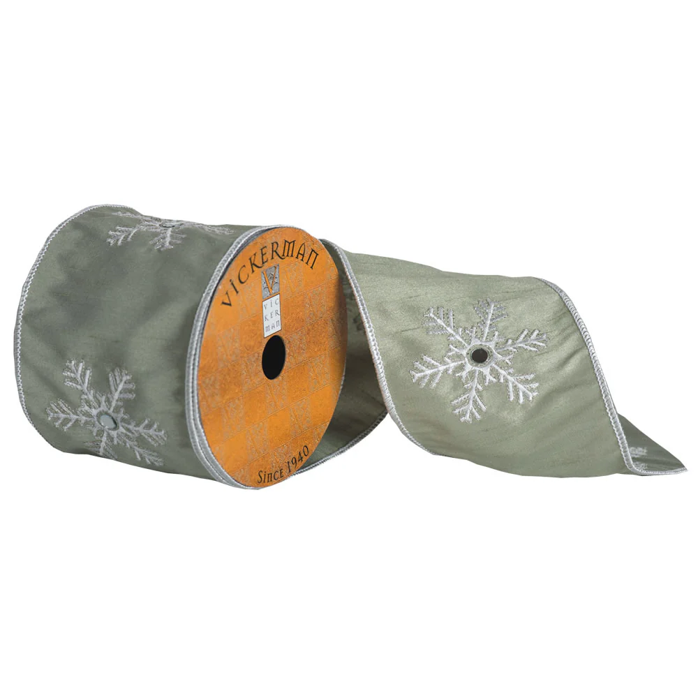 Vickerman Green Ribbon With White Embroidered Snowflake With A Mirror Center And White Edge - Cheap-Us