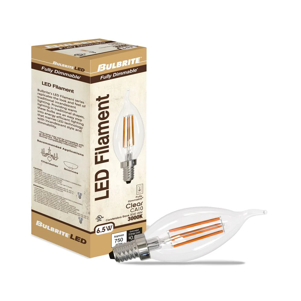 Bulbrite LED Filament Pack of (4) 6.5 Watt Dimmable CA10 Light Bulbs with a Clear Finish and Candelabra (E12) Base - 3000K (Soft White Light), 750 Lumens - Cheap-Us