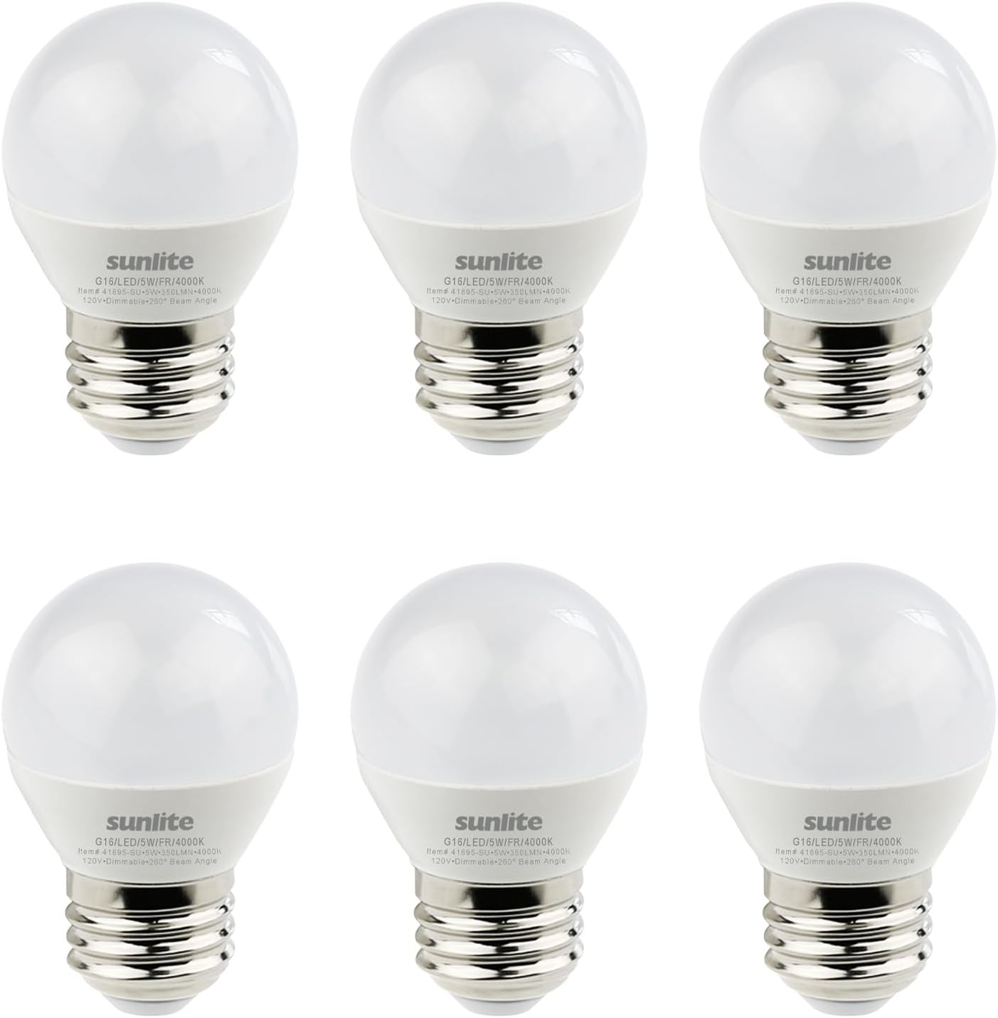 Sunlite LED G16 Decorative Frosted Globe Light Bulb, 5 Watts (40W Equivalent), 350 Lumens, Dimmable, Medium E26 Base, 120 Volts, ETL Listed, 260 Degree Beam Angle, 4000K Cool White, 6 Pack - Cheap-Us
