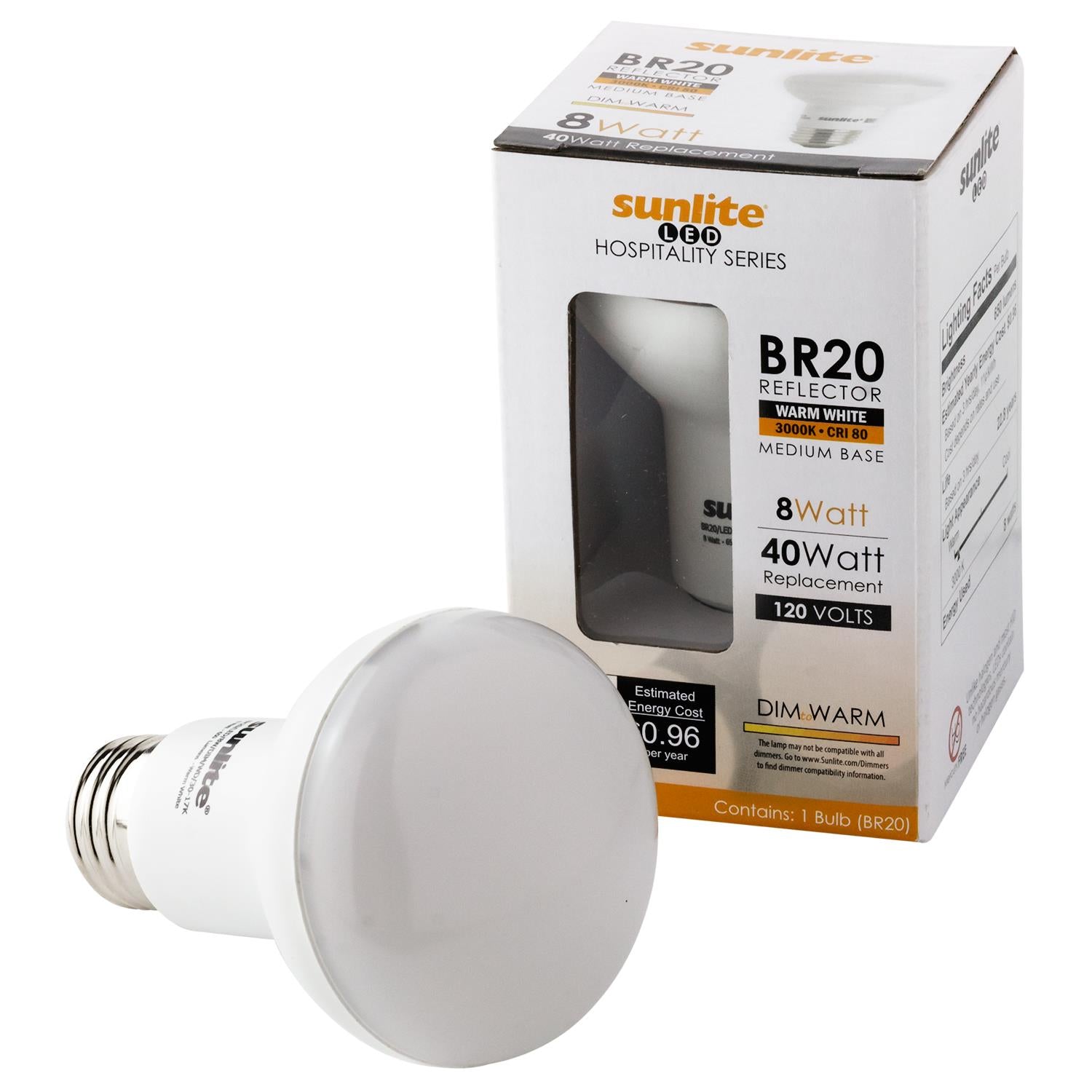Sunlite LED BR20 Hospitality Series 8W (50W Equivalent) Medium (E26) Base, Warm White - Cheap-Us