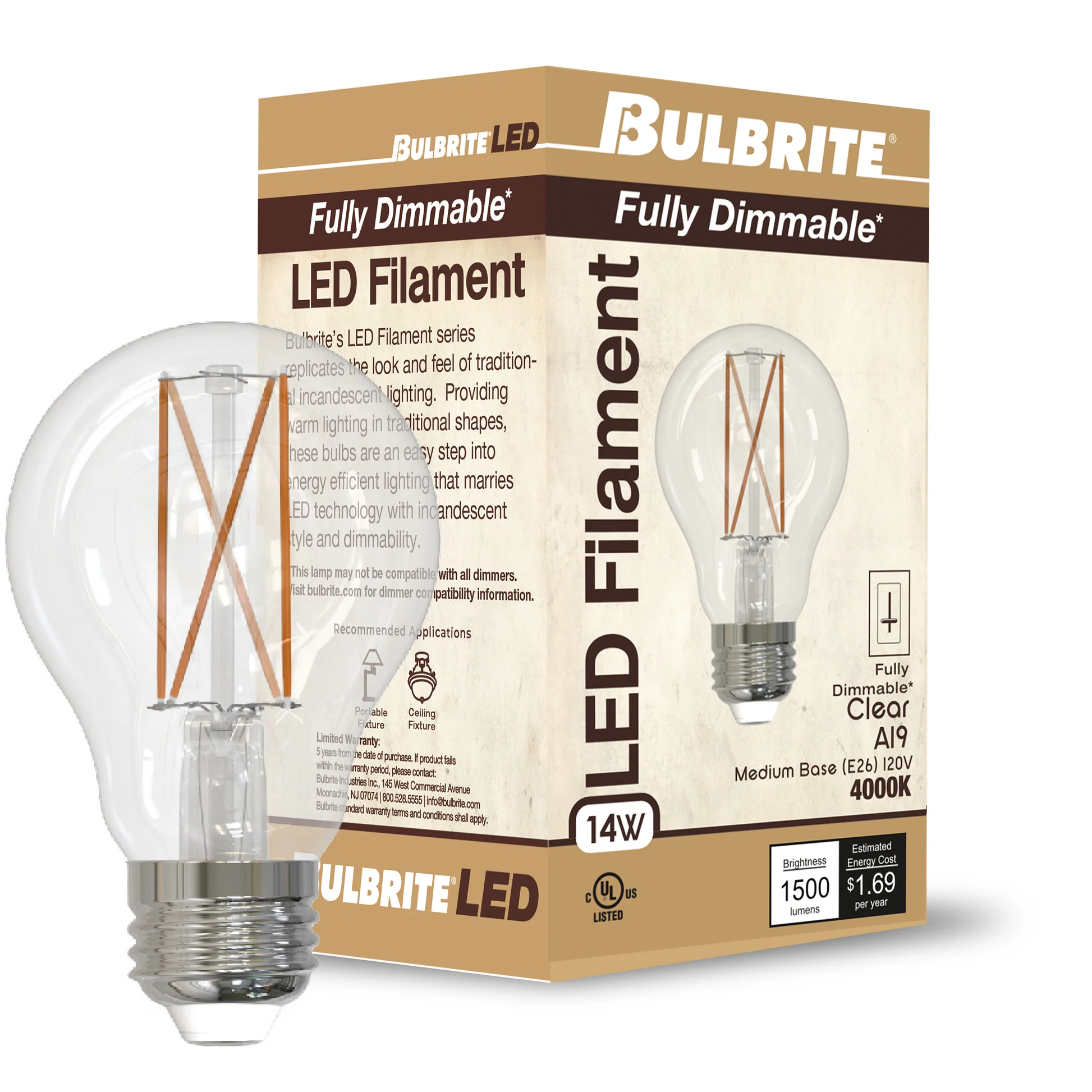 Bulbrite 14W LED A19 LIGHT BULB 4000K COOL WHITE FILAMENT, CLEAR FINISH, E26 MEDIUM SCREW BASE, DIMMABLE 4PK - Cheap-Us