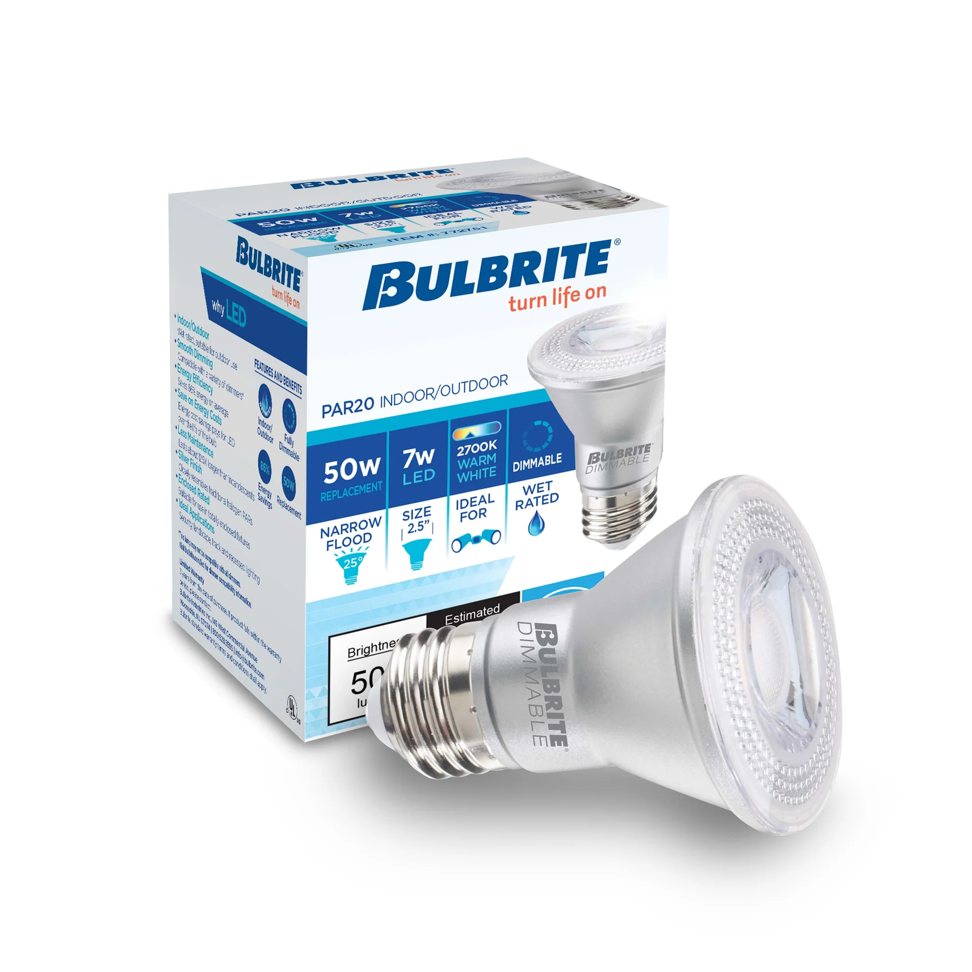 Bulbrite Pack of (6) 7 Watt Dimmable Narrow Flood PAR20 Medium (E26) LED Bulb - 500 Lumens, 2700K, and 80 CRI - Cheap-Us