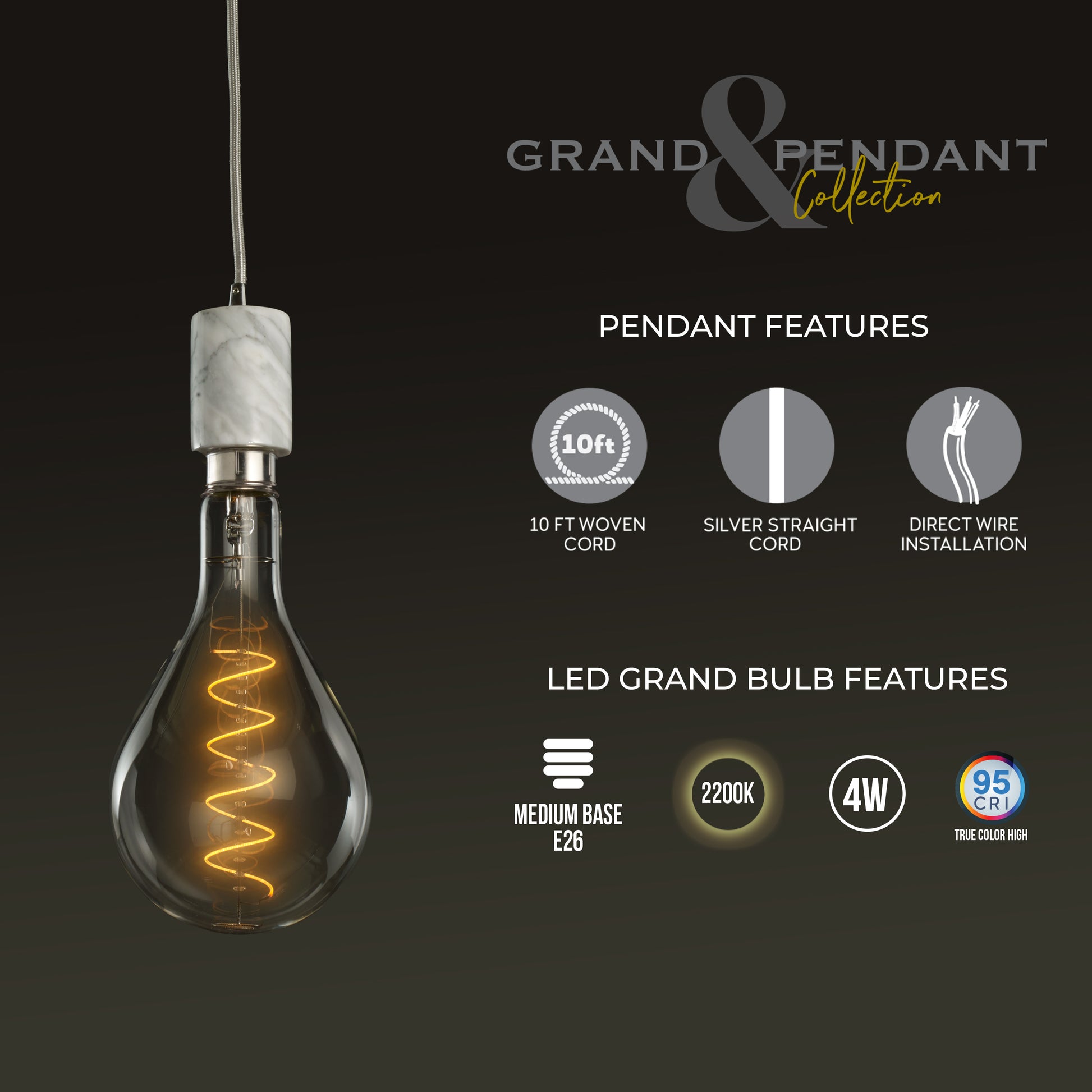 Bulbrite LED Grand Bulb and Pendant Kit of (1) 4 Watt Clear Glass 13