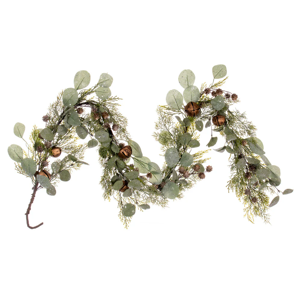 Vickerman 5' Artificial Winter Cedar Pinecone Eucalyptus and Brown Jingle Bell Garland - Cheap-Us
