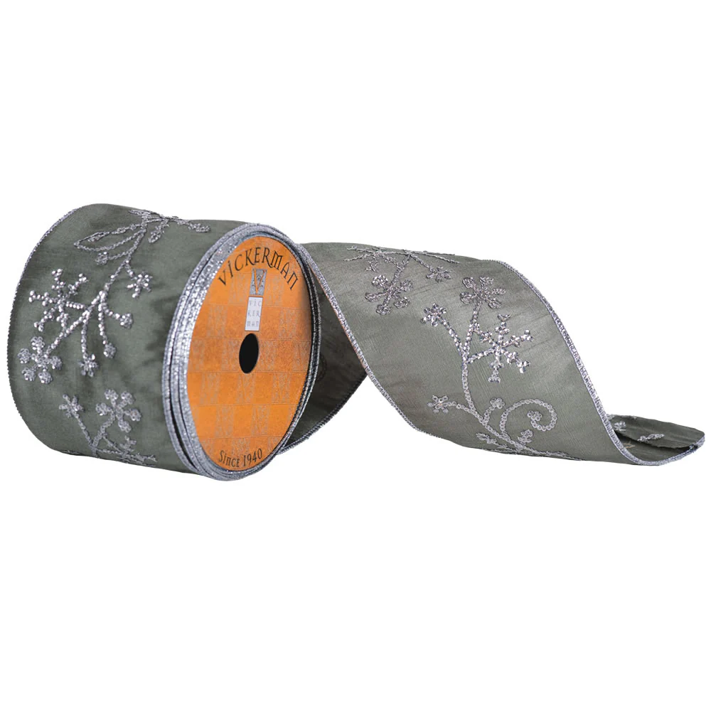 Vickerman Green Ribbon With Silver Sequin Snowflake Pattern - Cheap-Us