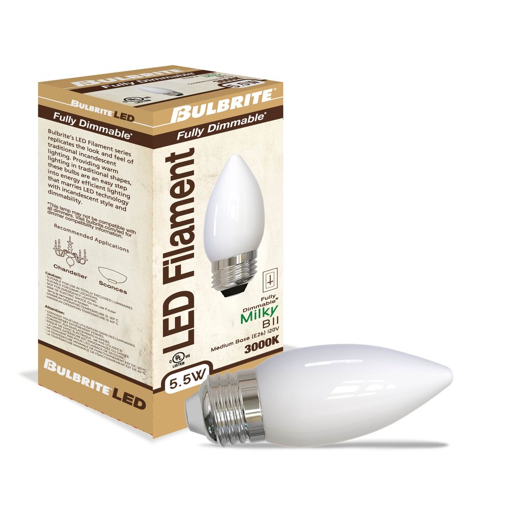 Bulbrite LED Filament Pack of (4) 5.5 Watt Dimmable B11 Light Bulbs with Clear Glass Finish and Medium (E26) Base - 3000K (Soft White Light), 500 Lumens - Cheap-Us
