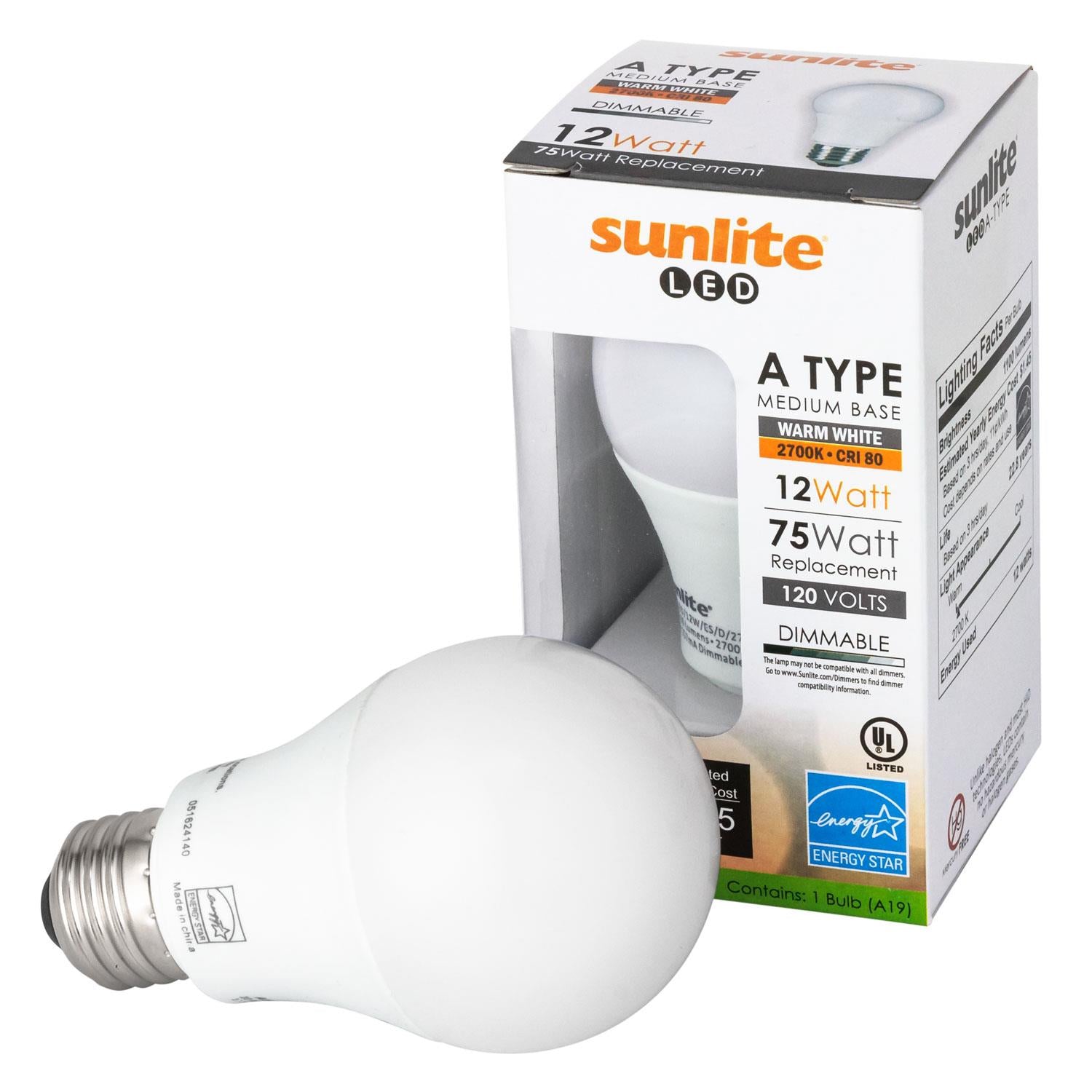Sunlite A19/LED/12W/ES/D/27K LED A Type Household 12W (75W Equivalent) Light Bulbs Medium (E26) Base, Warm White - Cheap-Us