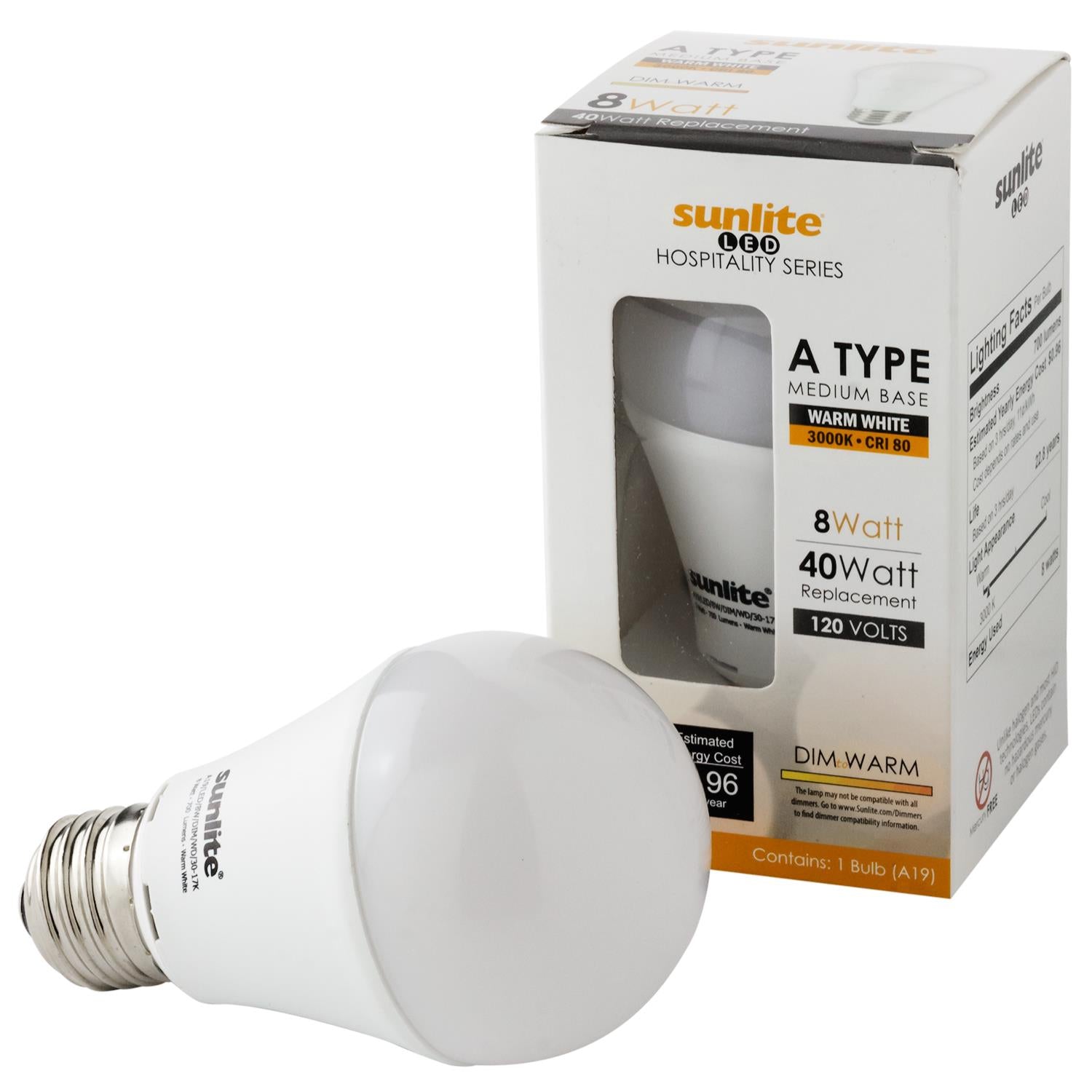 Sunlite LED A19 Hospitality Series 8W (40W Equivalent) Light Bulb Medium (E26) Base, Warm White - Cheap-Us