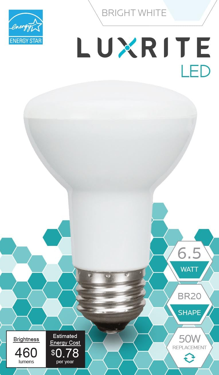 Luxrite LED BR20 Light Bulb, 6.5W, 460 Lumens, 5000K - Bright White, 80 CRI, Frosted White Finish, Dimmable (LR31844) - Cheap-Us