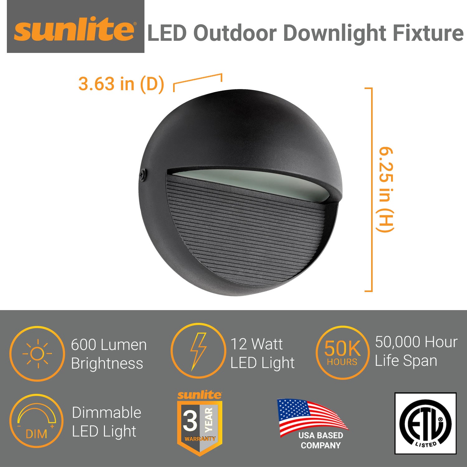 Sunlite LED Outdoor Decorative Downlight Fixture, 12 Watts, 120 Volts, Dimmable, 600 Lumens, 50,000 Hour Life Span, Weatherproof Aluminum, Textured Black Finish, ETL Listed, 30K - Warm White - Cheap-Us