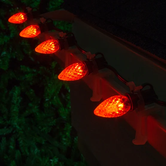 25 Light LED C7 Light Set Orange Bulbs on Green Wire, Approx. 16'6