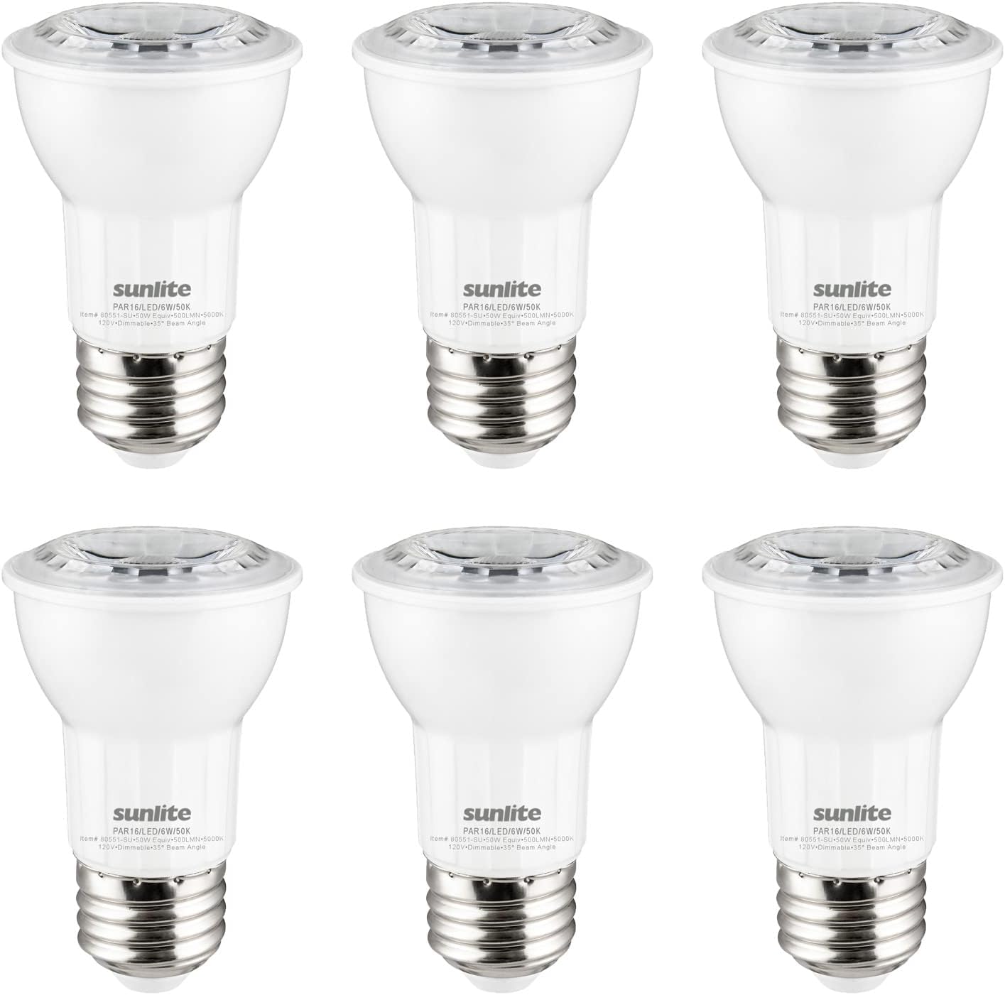 Sunlite LED PAR16 Reflector Light Bulb, 6 Watts (50 Watts Equivalent), 500 Lumens, Medium E26 Base, Dimmable, Floodlight, 90 CRI, Energy Star Certified, ETL Listed, 1 Count, 50K-Daylight - Cheap-Us