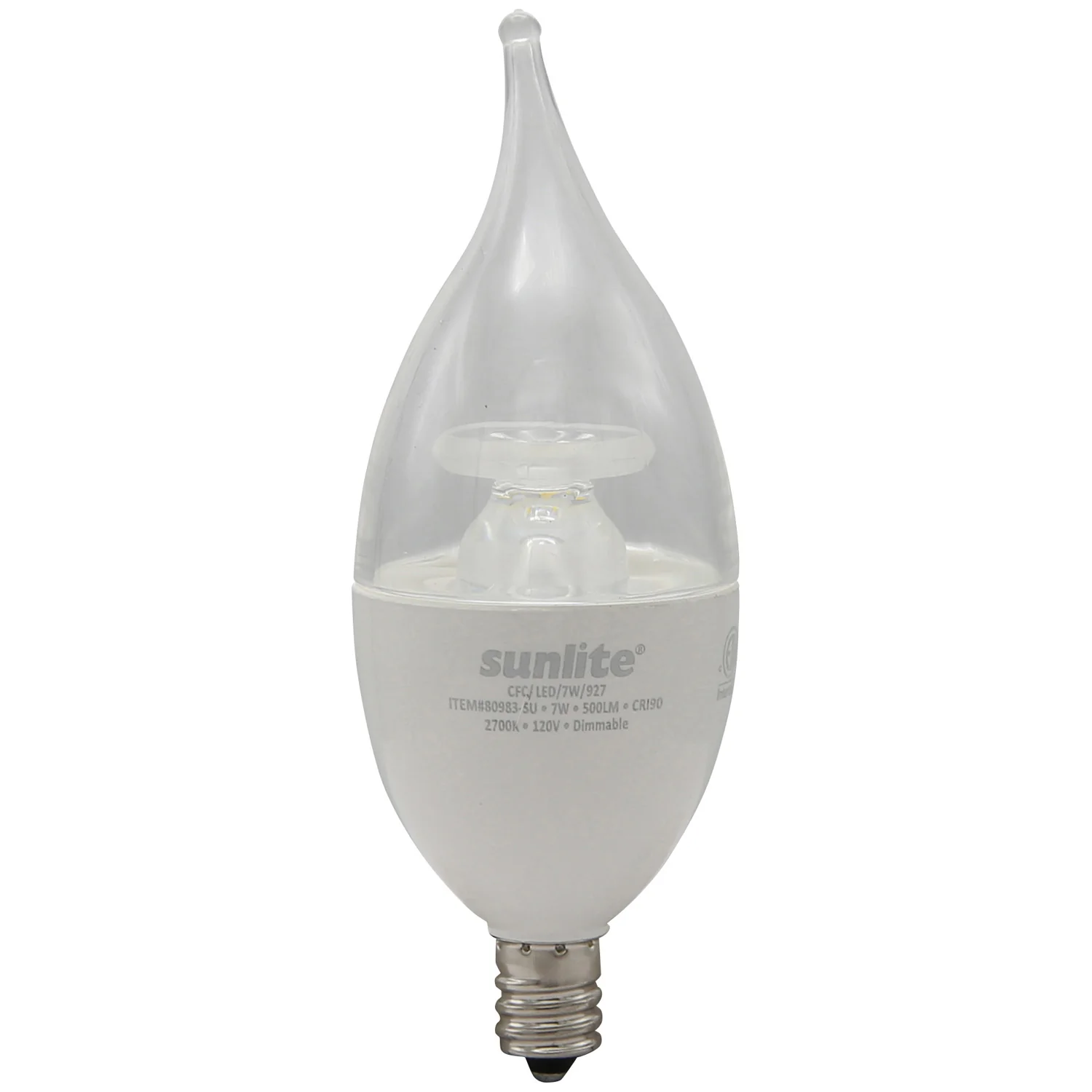 Sunlite LED CA12 Clear Chandelier CFC Light Bulb, 7 Watts (60W=), 500 Lm, 120V, Dmimmable, E12 Base, Energy Star, 90 CRI, ETL Listed, Flame Tip, 2700K Soft White, Title-20 Compliant - 6 Pack - Cheap-Us