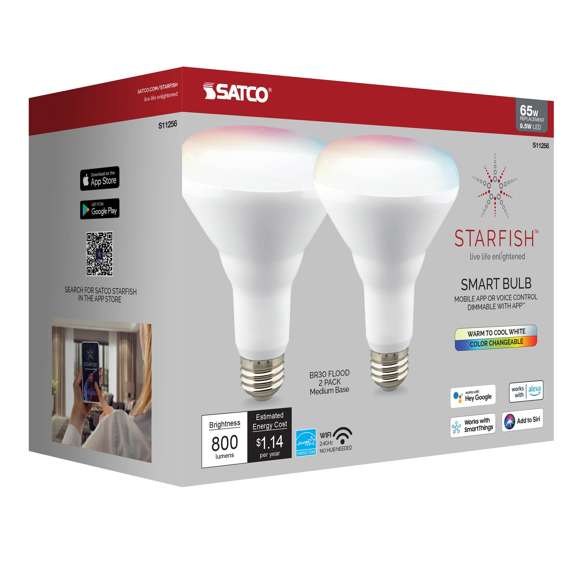 Starfish BR30 WiFi Smart LED, 9.5 Watt, RGBW & Tunable White Light Bulb - Cheap-Us