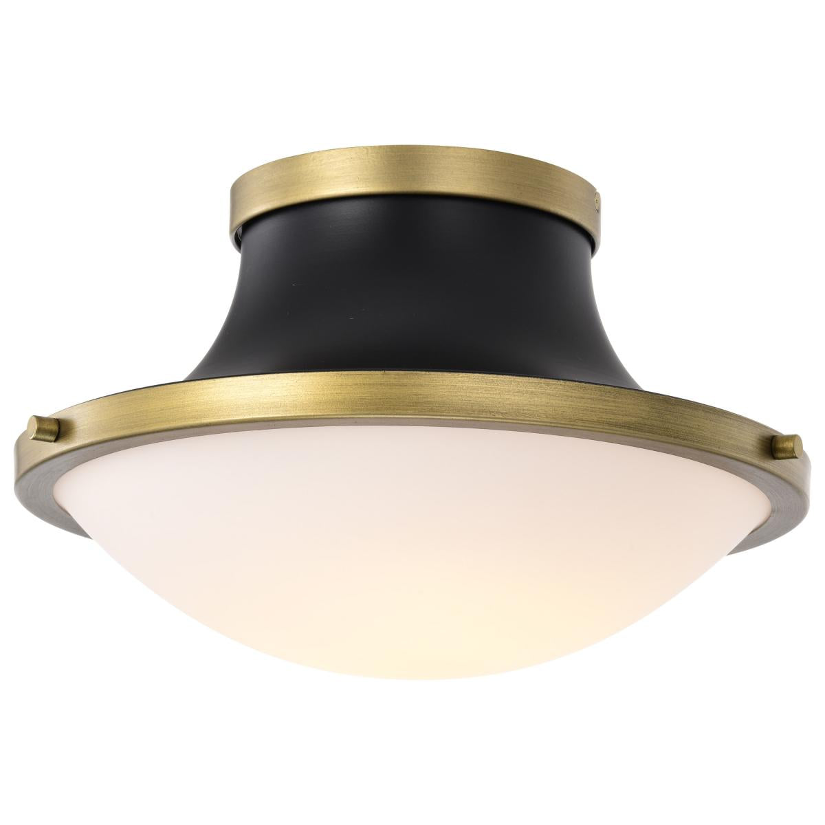 Satco Nuvo Lafayette 1 Flush Mount Fixture, 14/18-Inch, 60W, 120V, Matte Black/Gray With Natural Brass Accents - White Opal Glass Lense - Cheap-Us