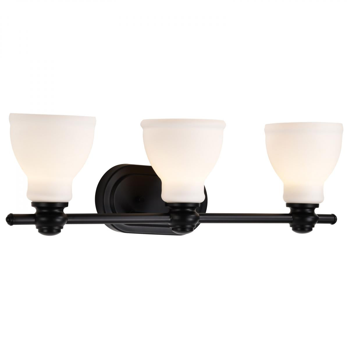 60-8023 RUSSEL 3 LIGHT VANITY Russel; 3 Light Vanity; Matte Black with Satin White Glass - Cheap-Us