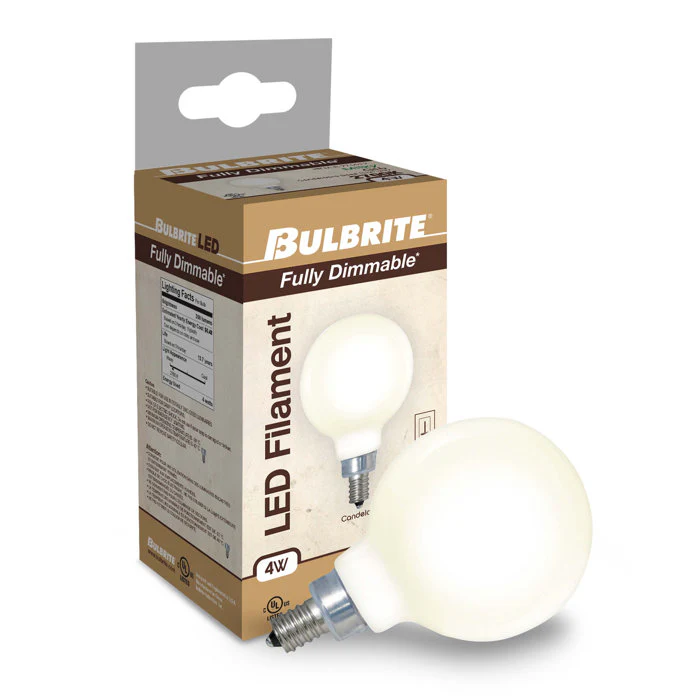 BULBRITE LED G16 CANDELABRA SCREW (E12) 4W FULLY COMPATIBLE DIMMING FILAMENT MILKY LIGHT BULB 2700K/WARM WHITE 40W INCANDESCENT EQUIVALENT 3PK (776612) - Cheap-Us