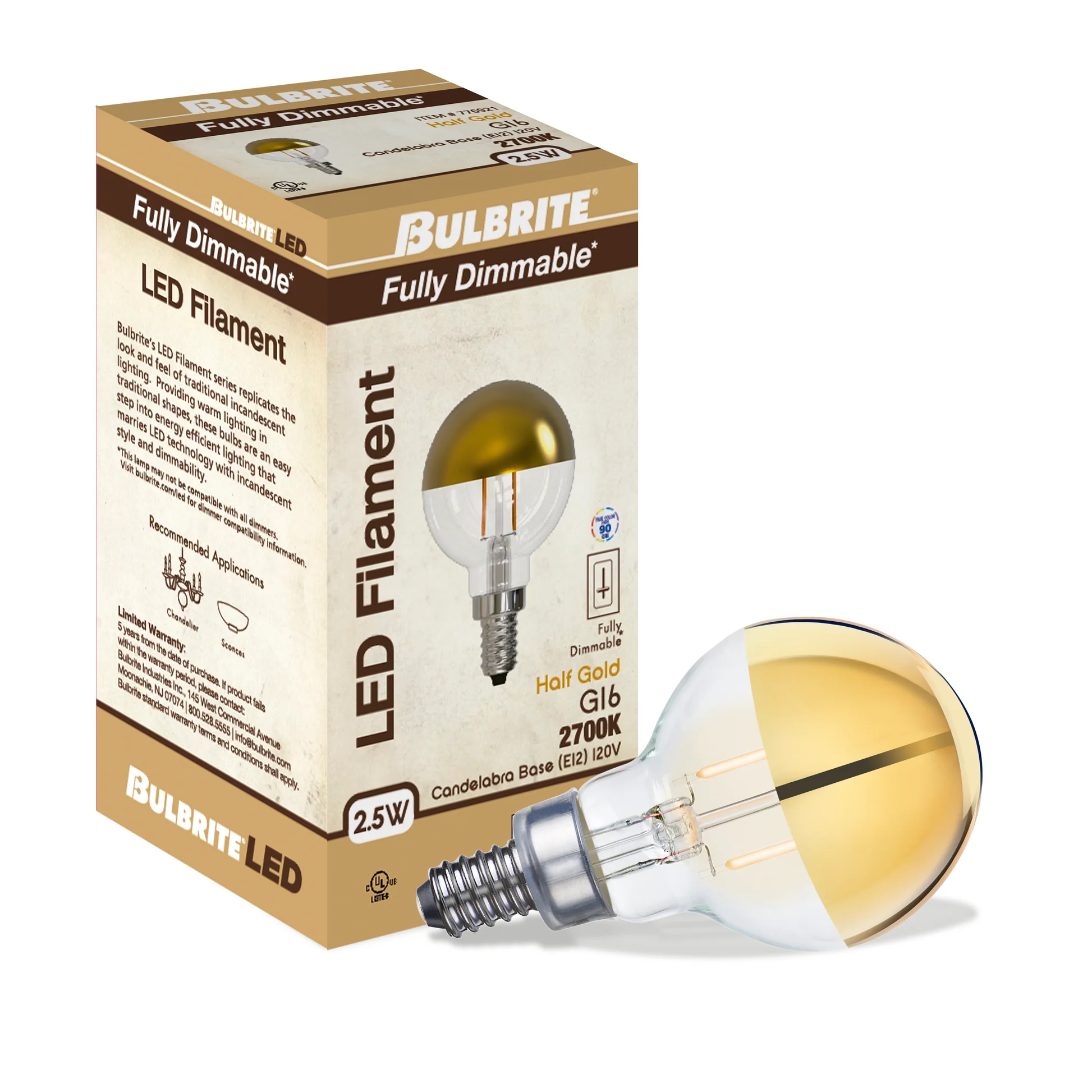 BULBRITE 2.5W LED G16 2700K FILAMENT HALF GOLD E12 FULLY COMPATIBLE DIMMING-4PK - Cheap-Us
